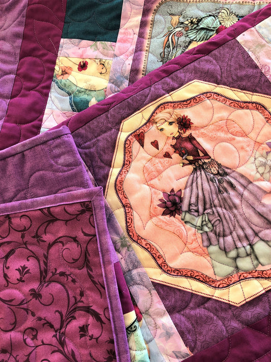 Secret Garden Quilt, Girls with Flowers, Purple Throw Size
