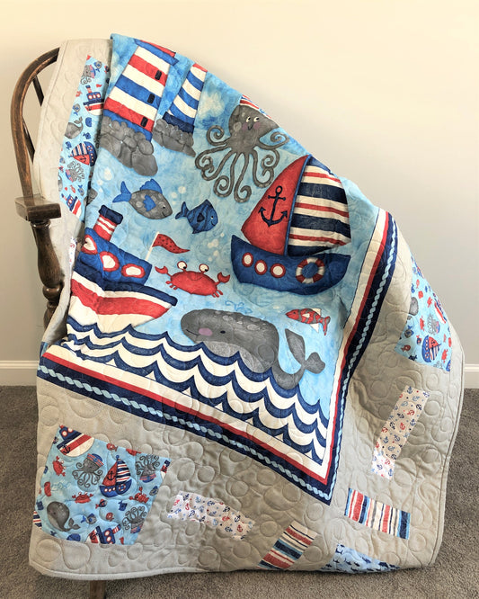 Ocean Quilt, Harbor with Lighthouses, Boats, Octopus, and Whale, Blue and Gray, Throw Size