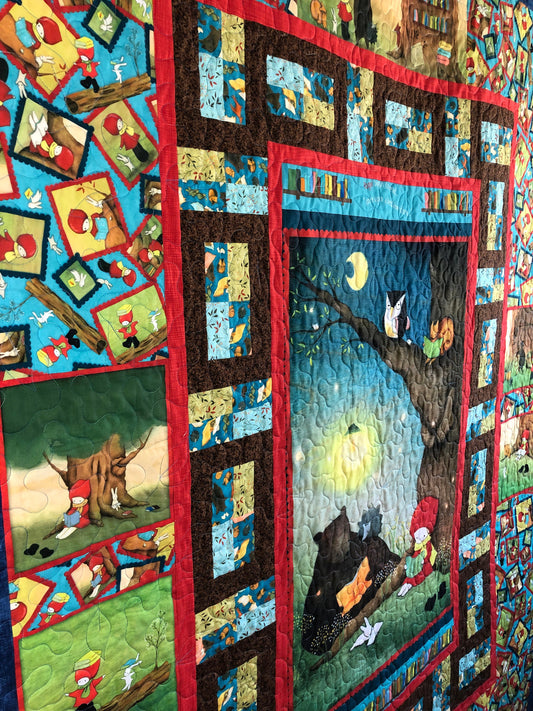 Red Hat Girl Quilt, With Bear at the Library Tree, Red, Blue, and Green, Throw Size