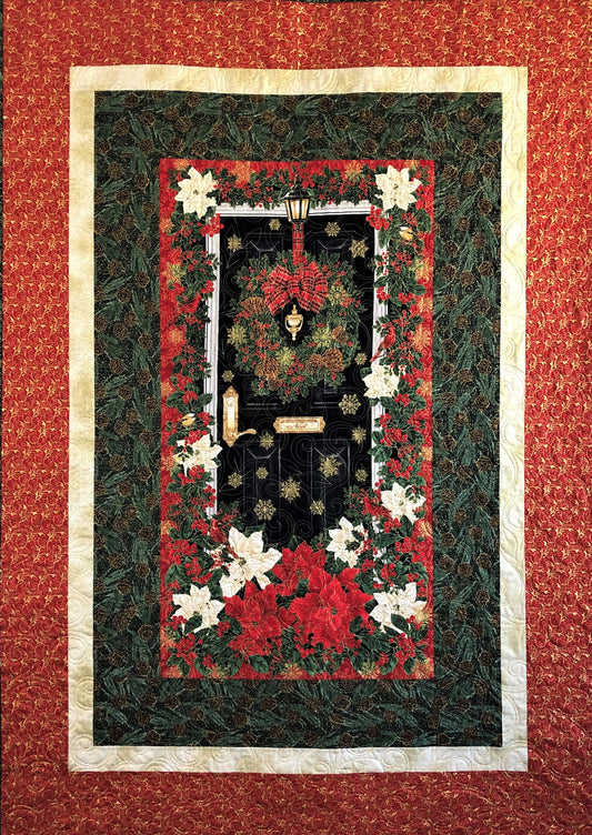 Welcome Christmas Door Handmade Throw Quilt, With Wreath and Poinsettia, Red, Green, White, and Metallic Gold, Throw Quilt