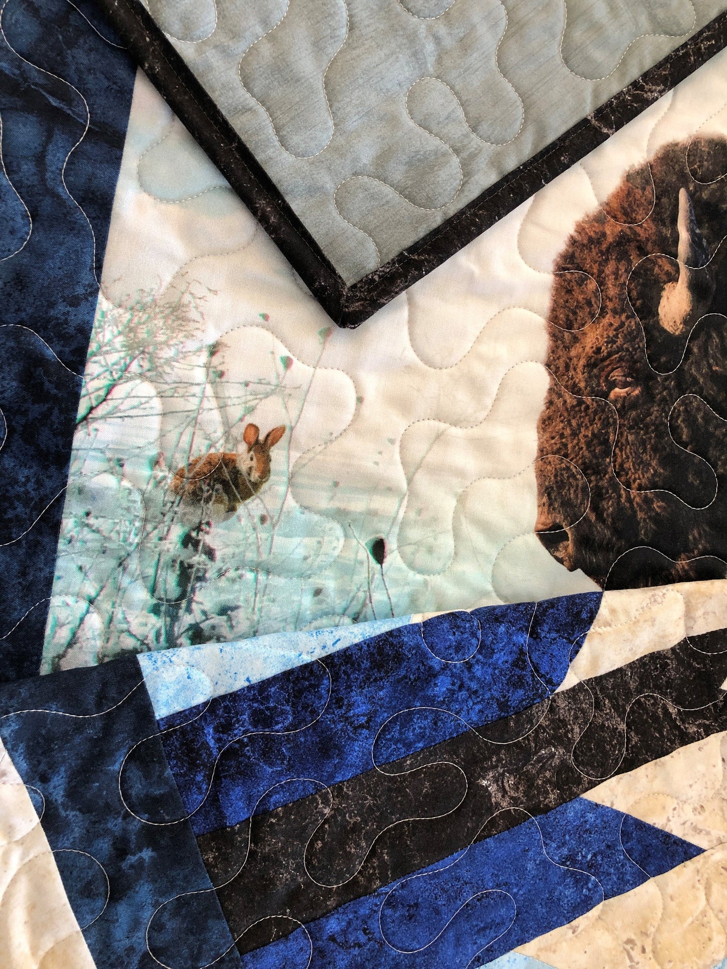 Wild Bison Quilt, Blue and Cream, Lap Size