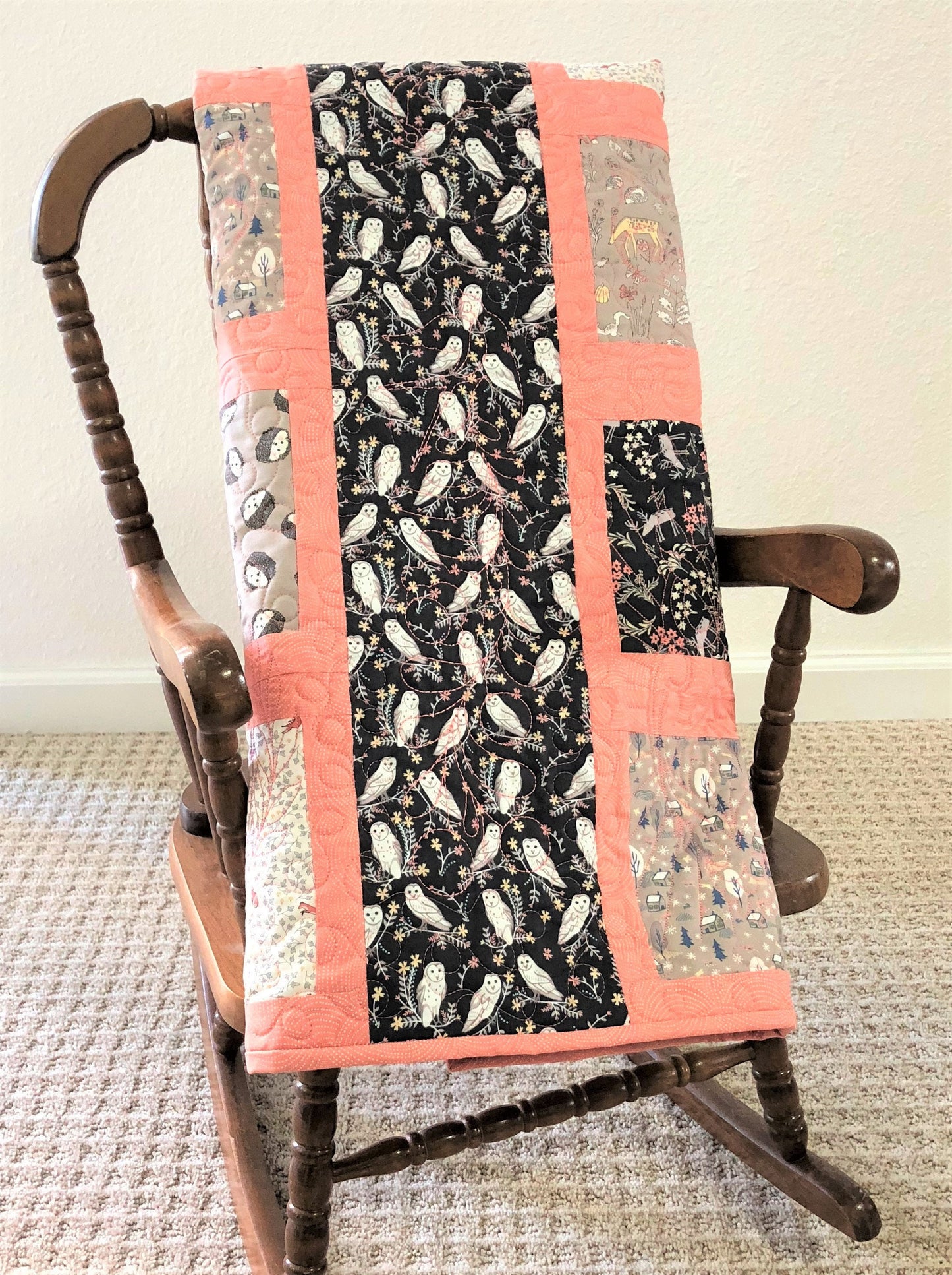 Forest Animals and Owls Quilt, Salmon Pink, Crib Size