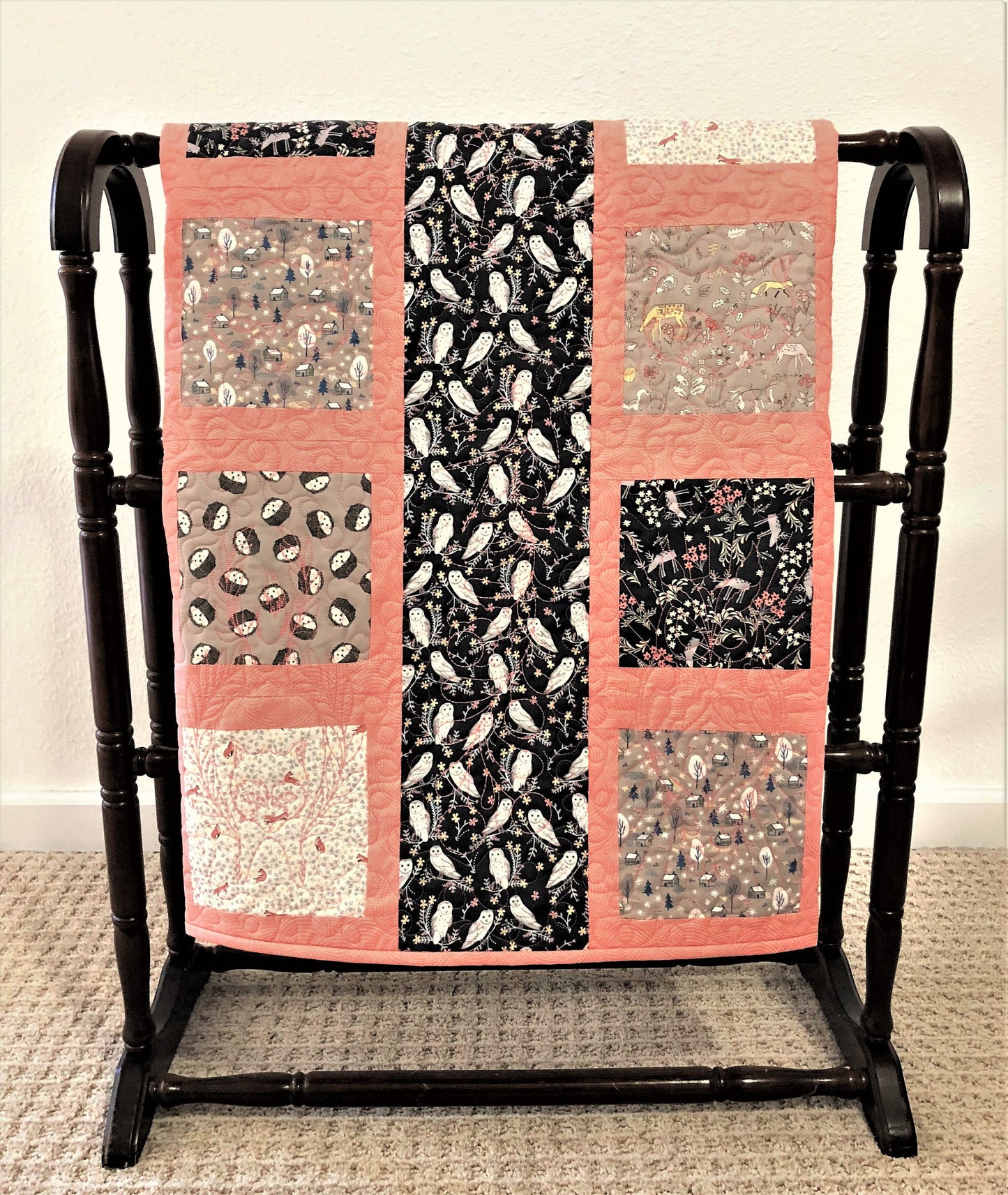 Forest Animals and Owls Quilt, Salmon Pink, Crib Size