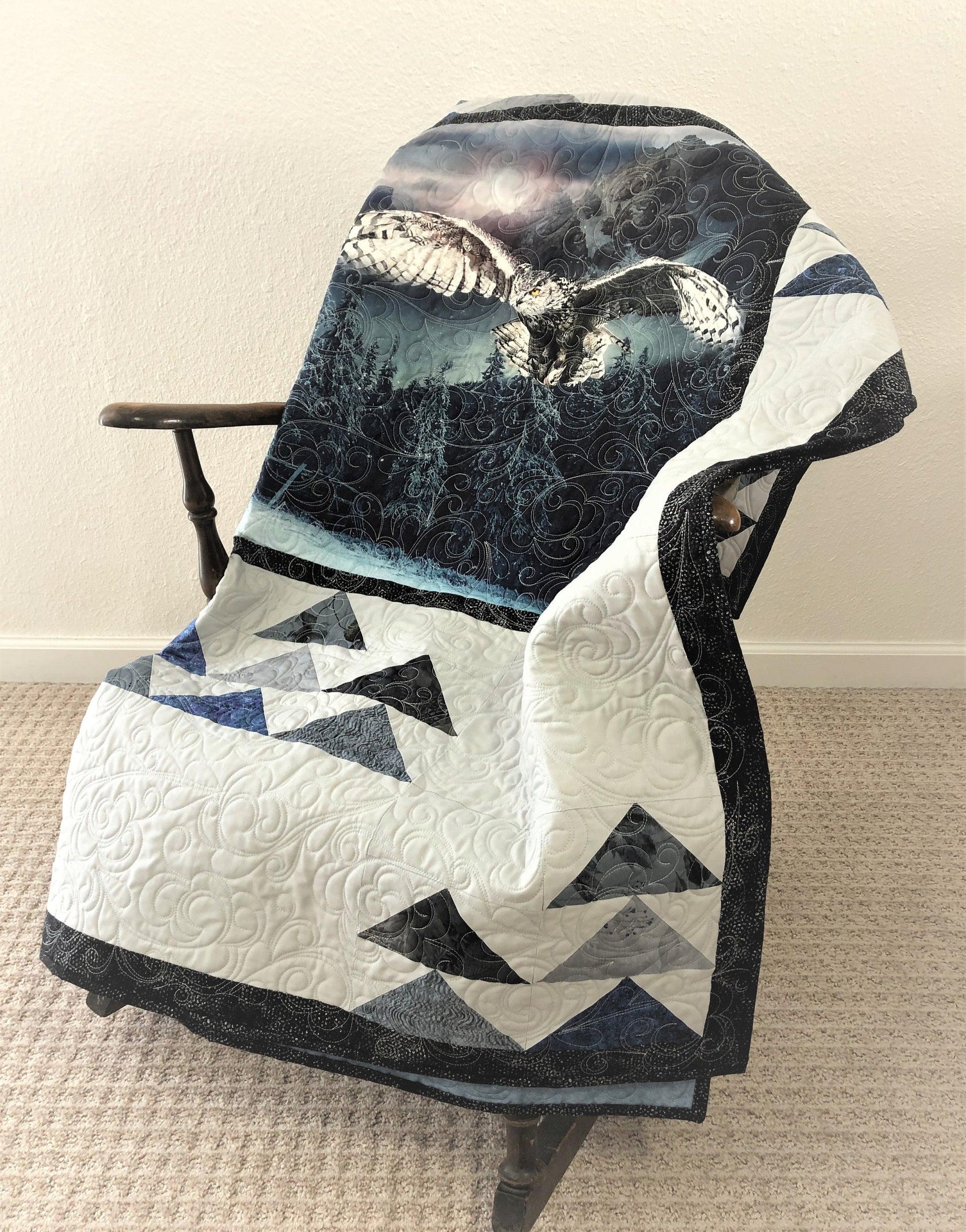 Owl in Flight Quilt Over Cabin in the Forest, Gray, Blue, and Black, Lap Size