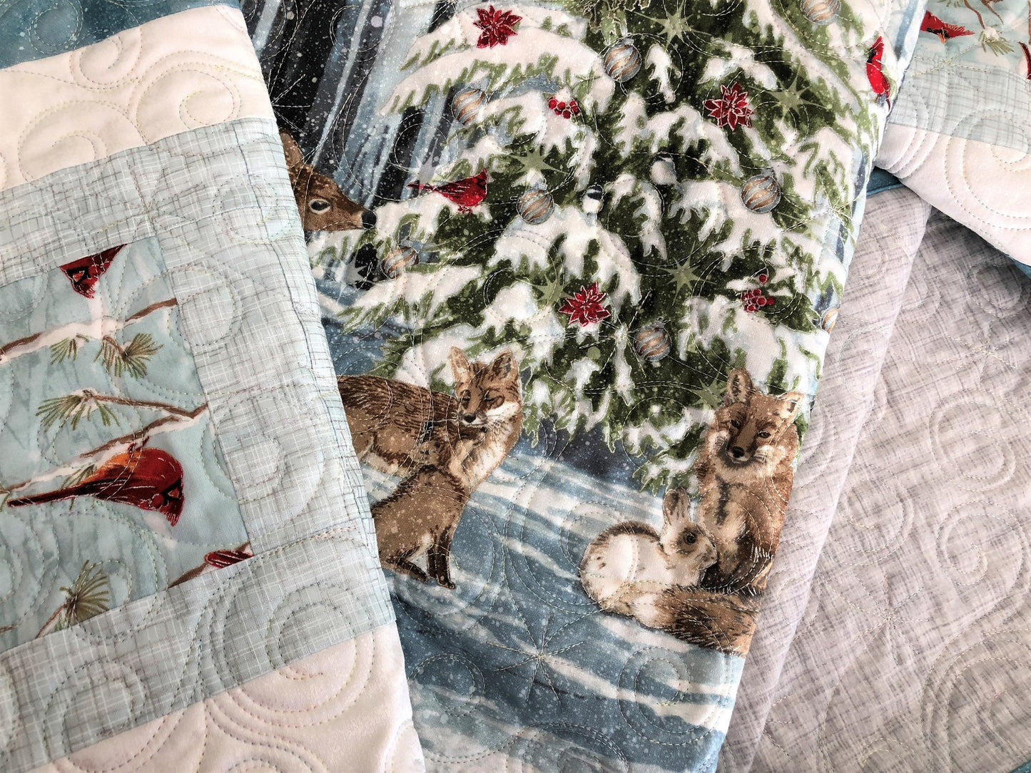 Winter Forest Animals Lap Quilt, Around a Christmas Tree, Light Teal, Light Blue, and White, Lap Size