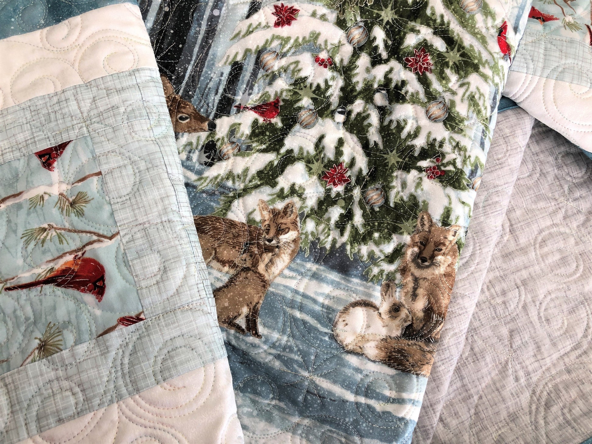 Winter Forest Animals Lap Quilt, Around a Christmas Tree, Light Teal, Light Blue, and White, Lap Size