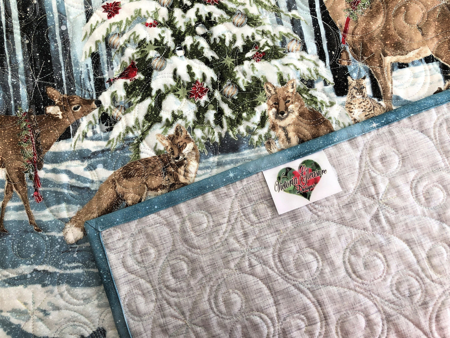 Winter Forest Animals Lap Quilt, Around a Christmas Tree, Light Teal, Light Blue, and White, Lap Size