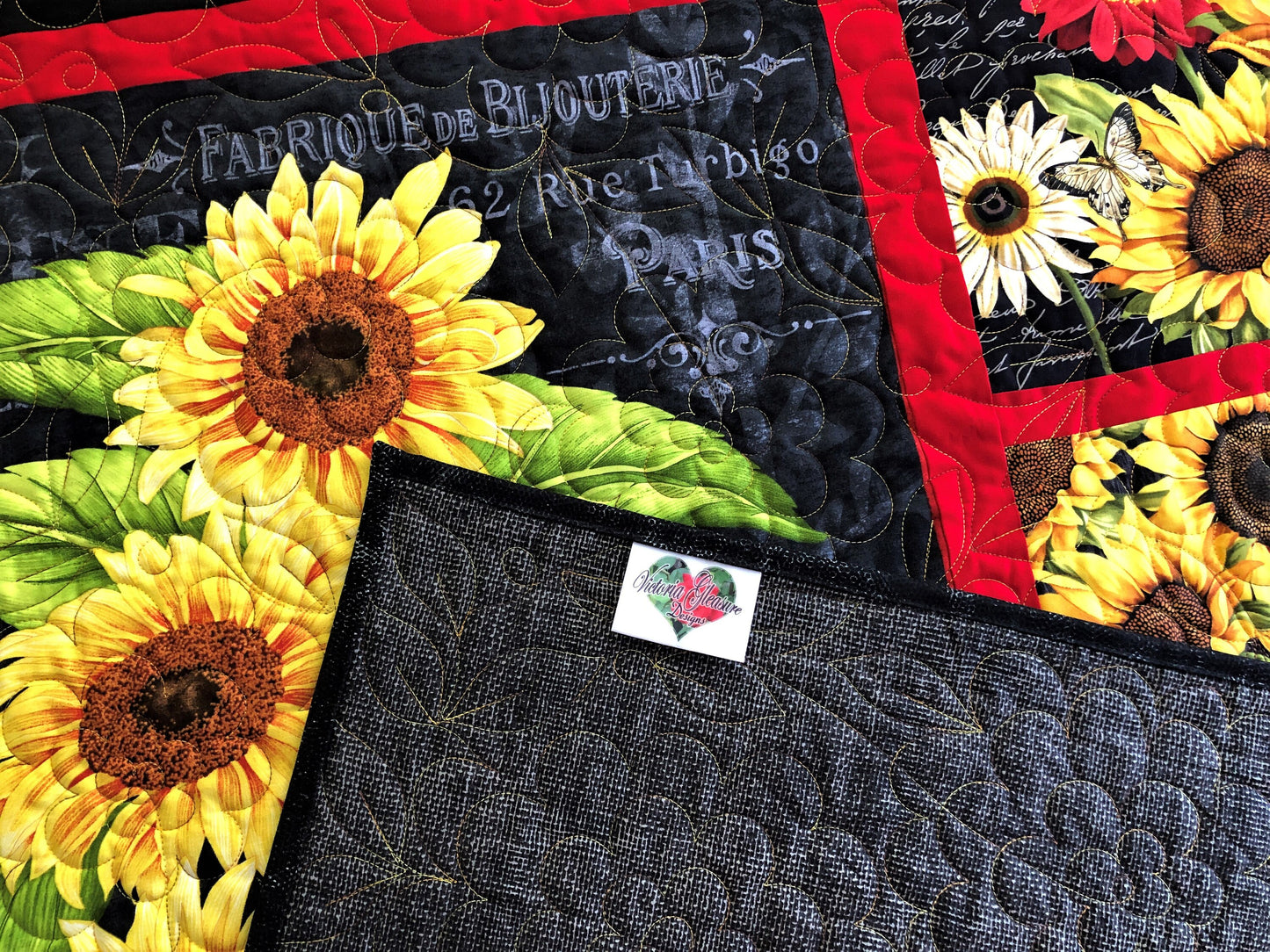 Sunflower Quilt, Red, Yellow, and Black, Throw Size