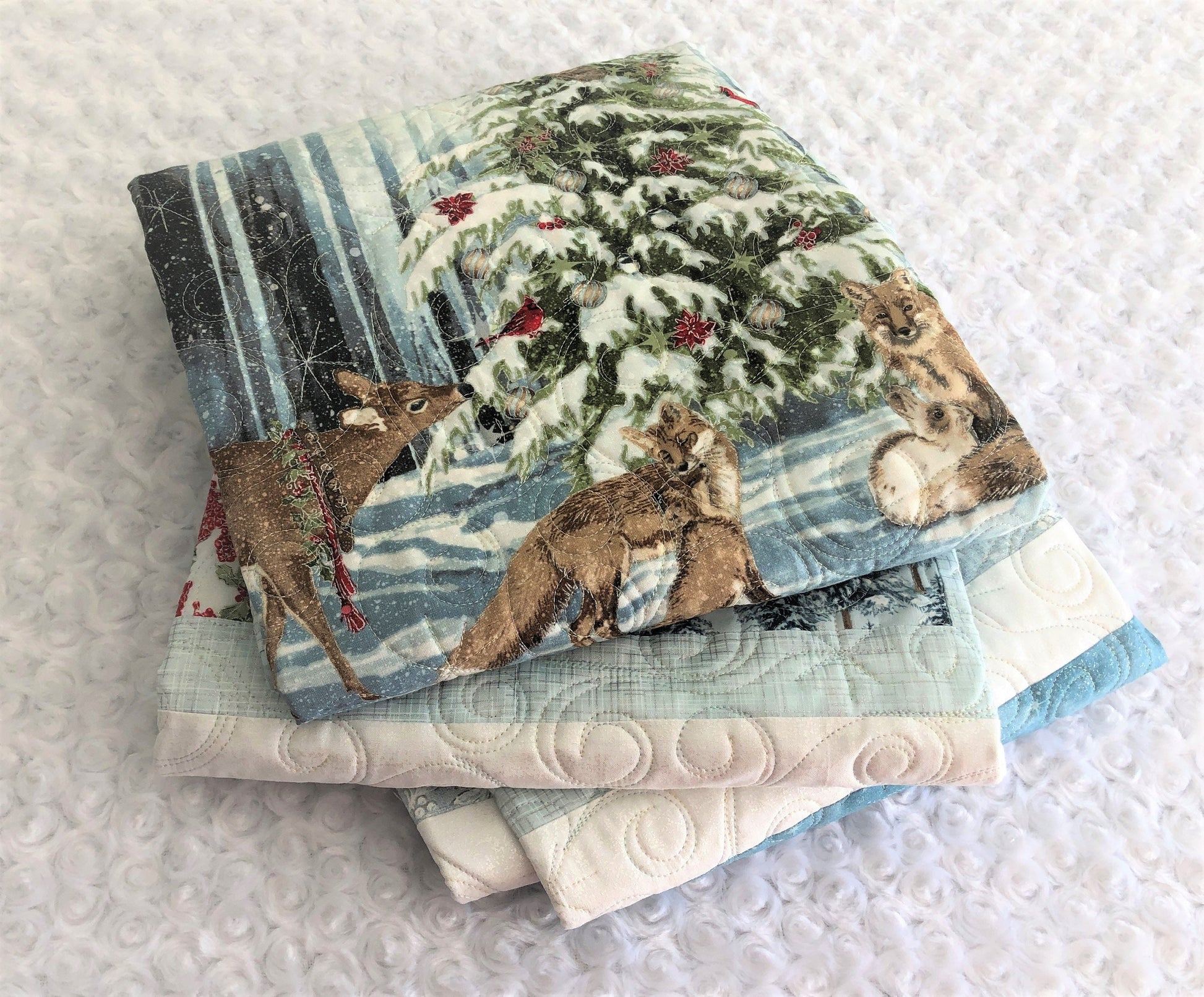 Winter Forest Animals Lap Quilt, Around a Christmas Tree, Light Teal, Light Blue, and White, Lap Size