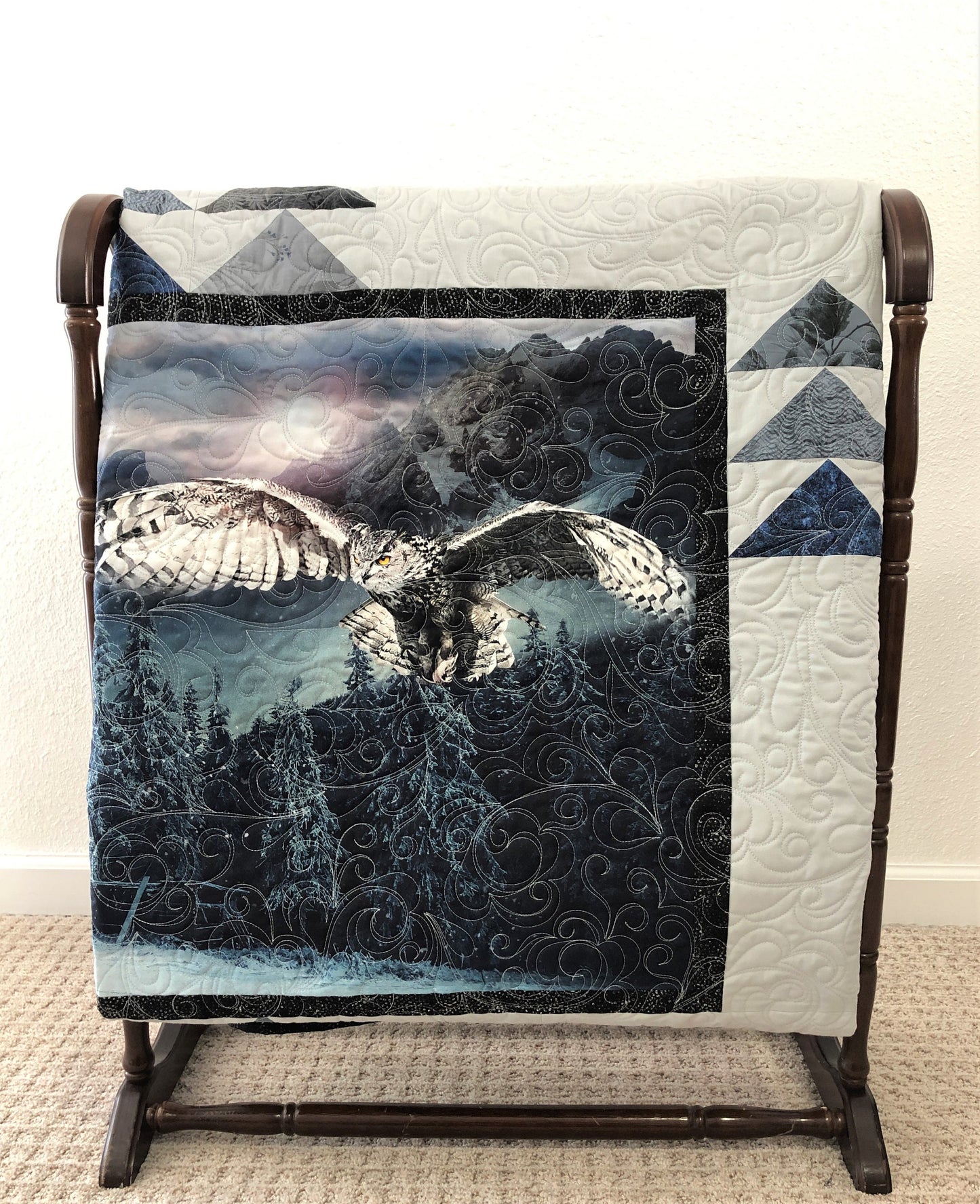 Owl in Flight Quilt Over Cabin in the Forest, Gray, Blue, and Black, Lap Size