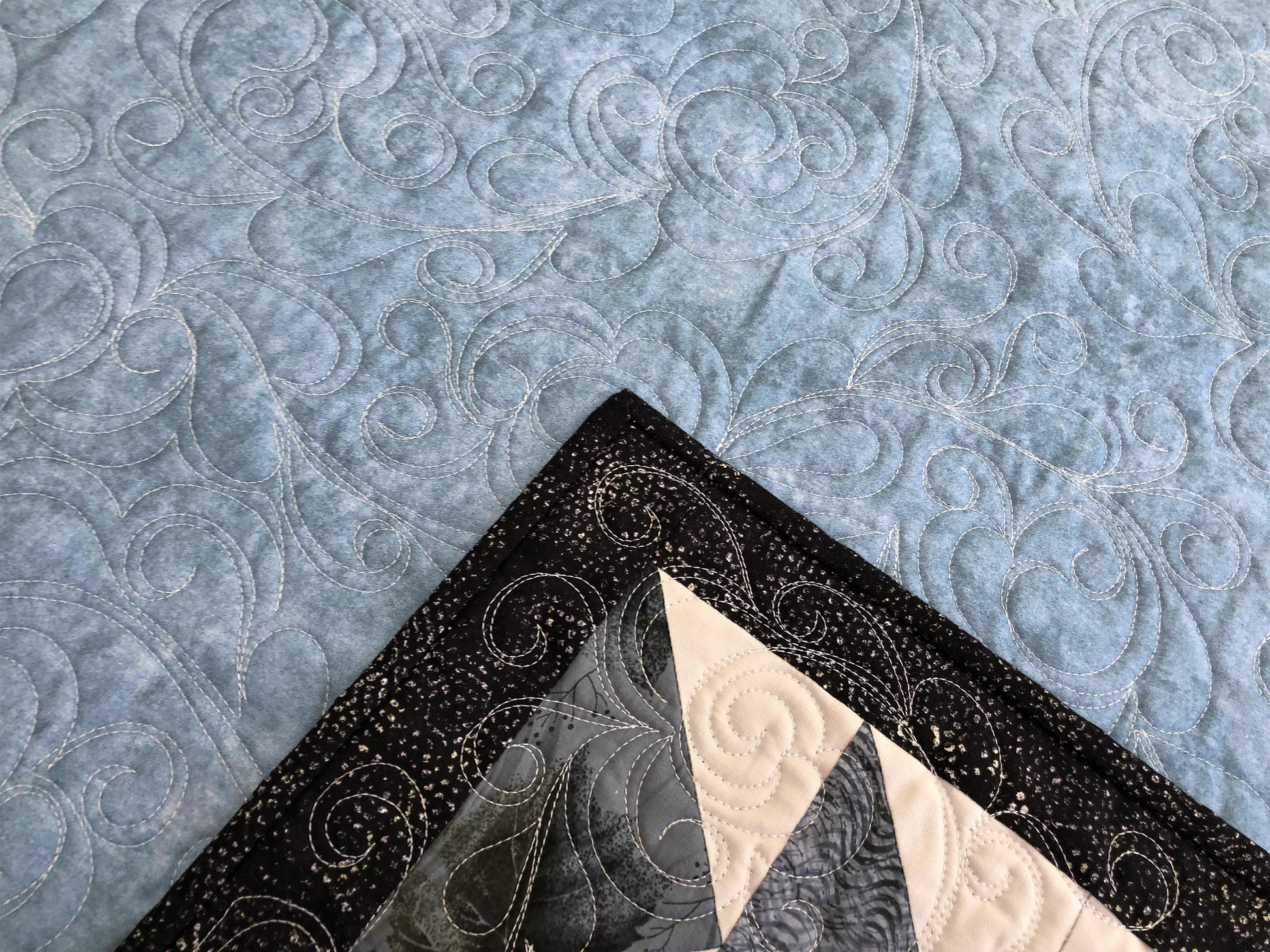 Owl in Flight Quilt Over Cabin in the Forest, Gray, Blue, and Black, Lap Size