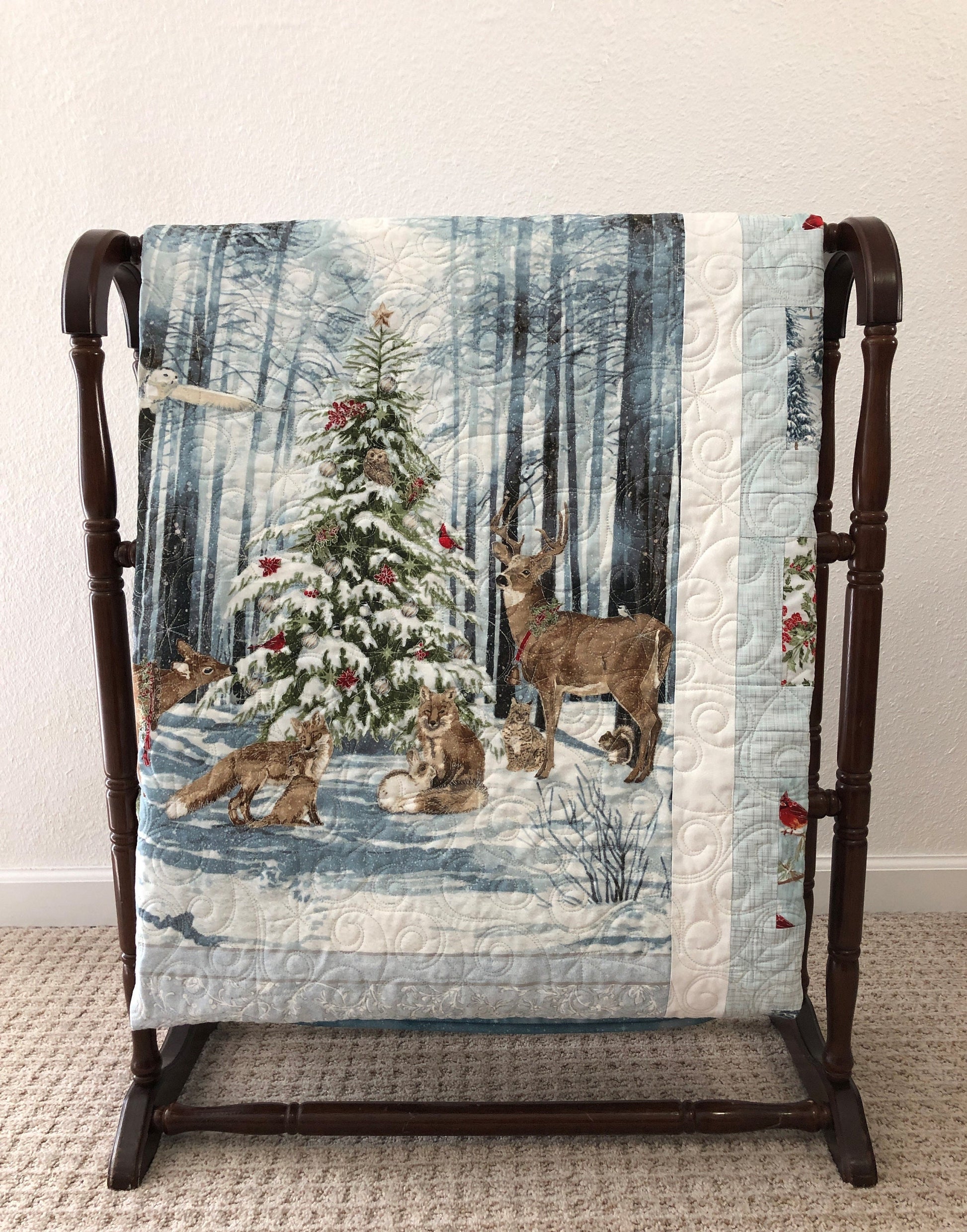 Winter Forest Animals Lap Quilt, Around a Christmas Tree, Light Teal, Light Blue, and White, Lap Size