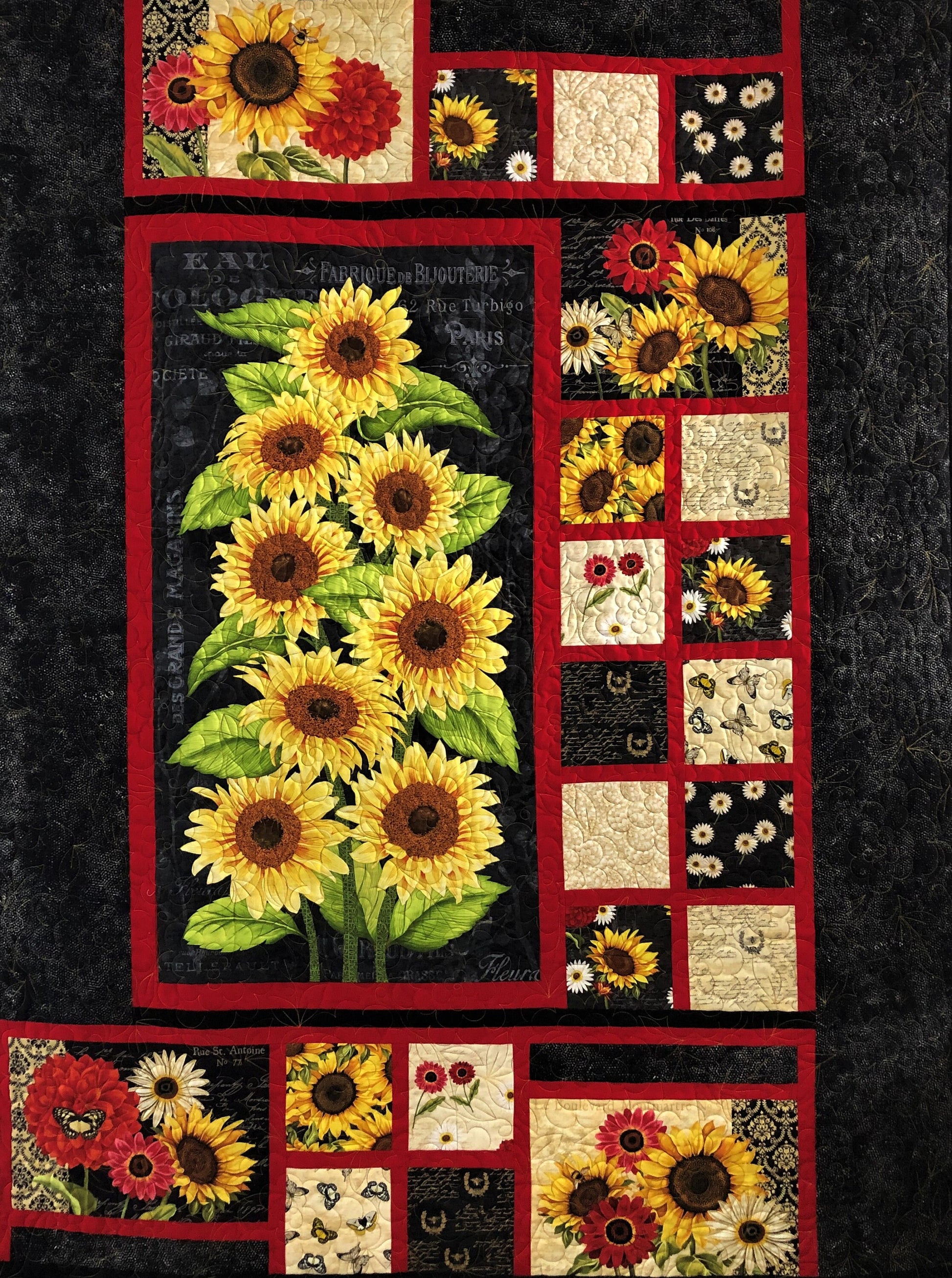 Sunflower Quilt, Red, Yellow, and Black, Throw Size