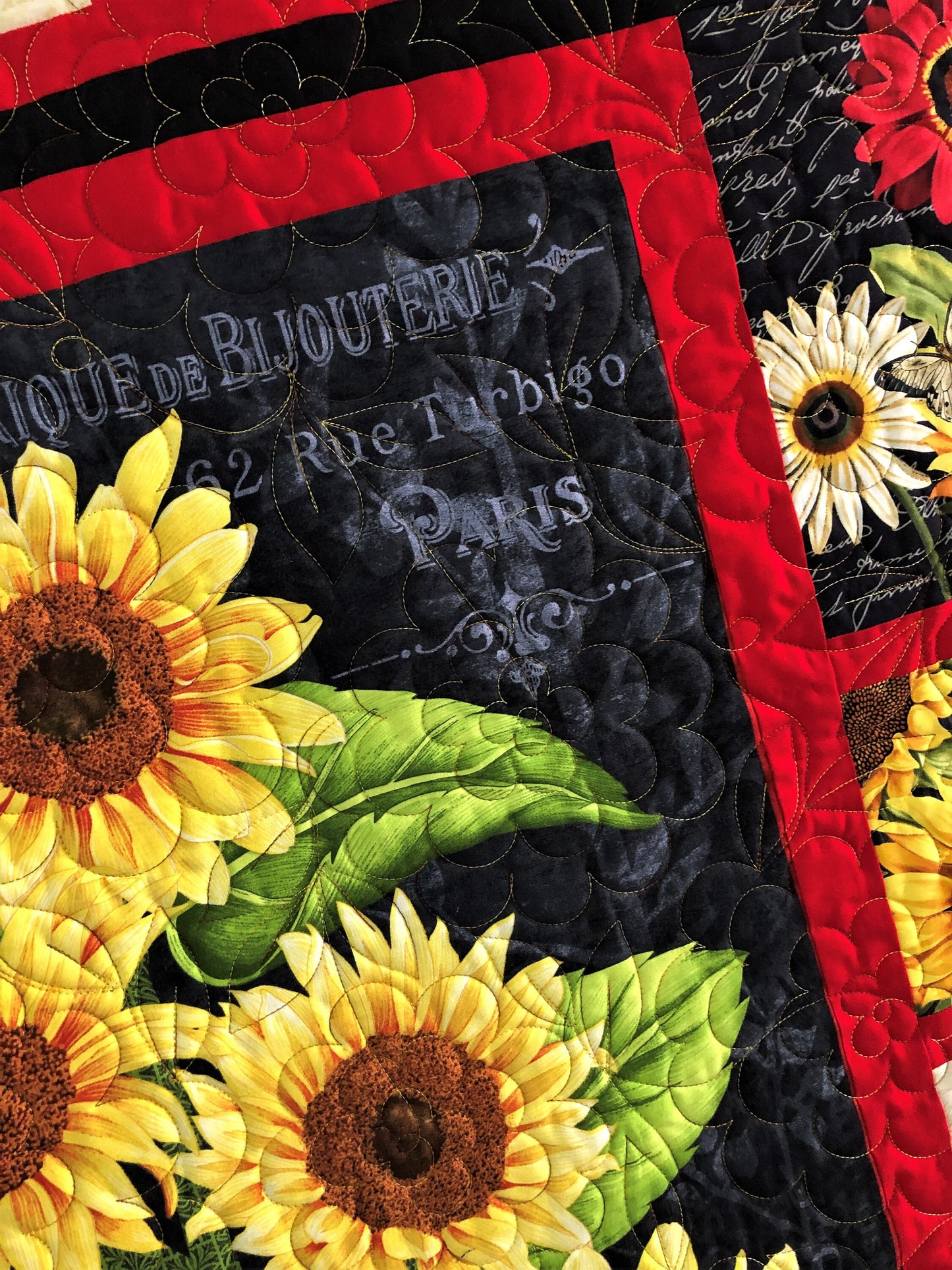 Sunflower Quilt, Red, Yellow, and Black, Throw Size