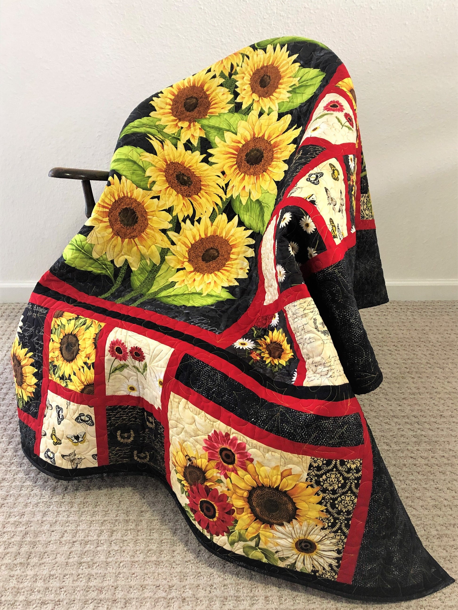 Sunflower Quilt, Red, Yellow, and Black, Throw Size