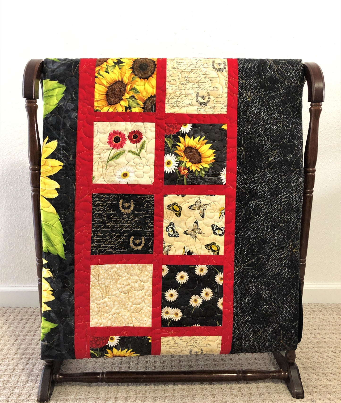 Sunflower Quilt, Red, Yellow, and Black, Throw Size