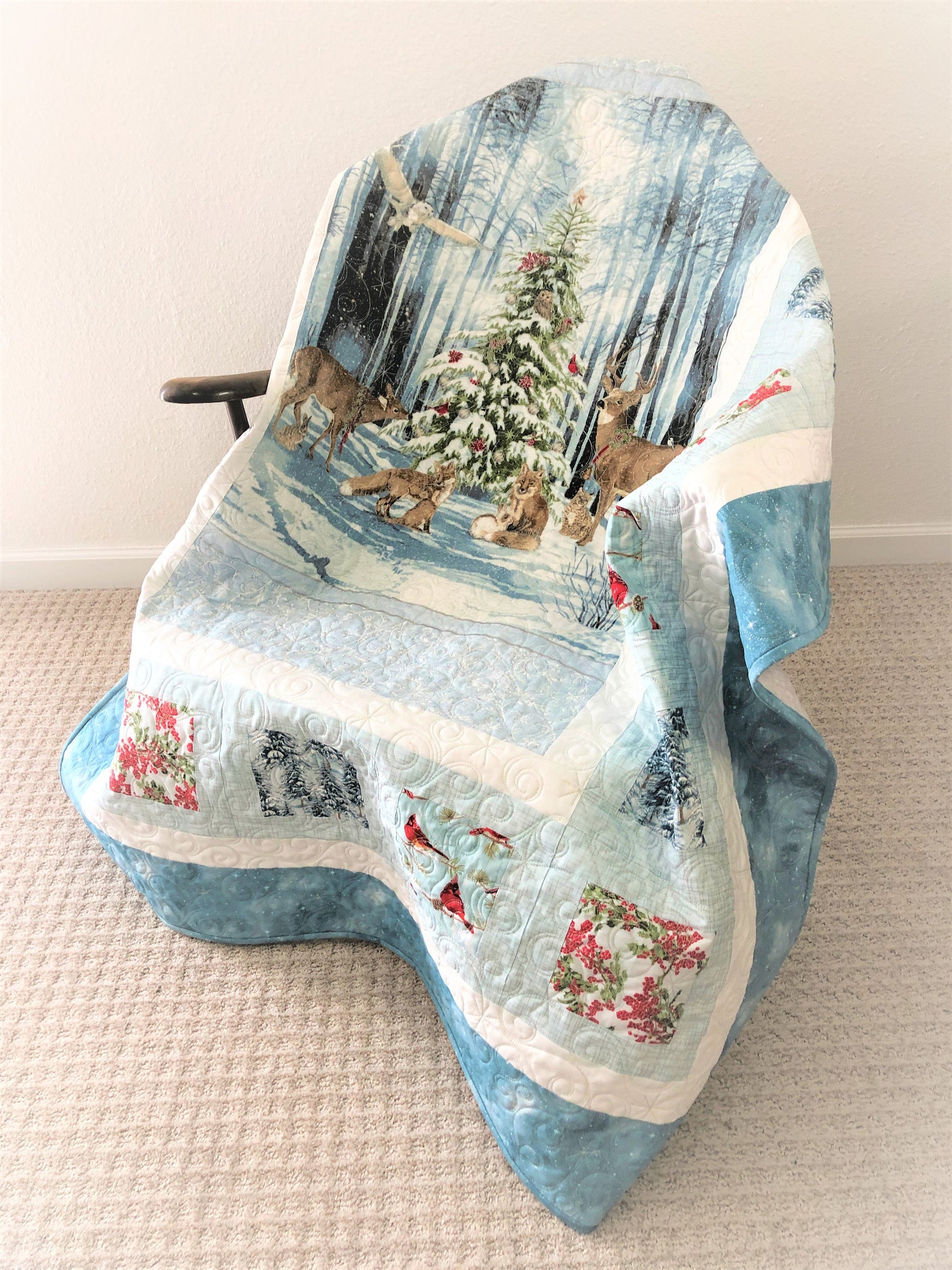 Winter Forest Animals Lap Quilt, Around a Christmas Tree, Light Teal, Light Blue, and White, Lap Size