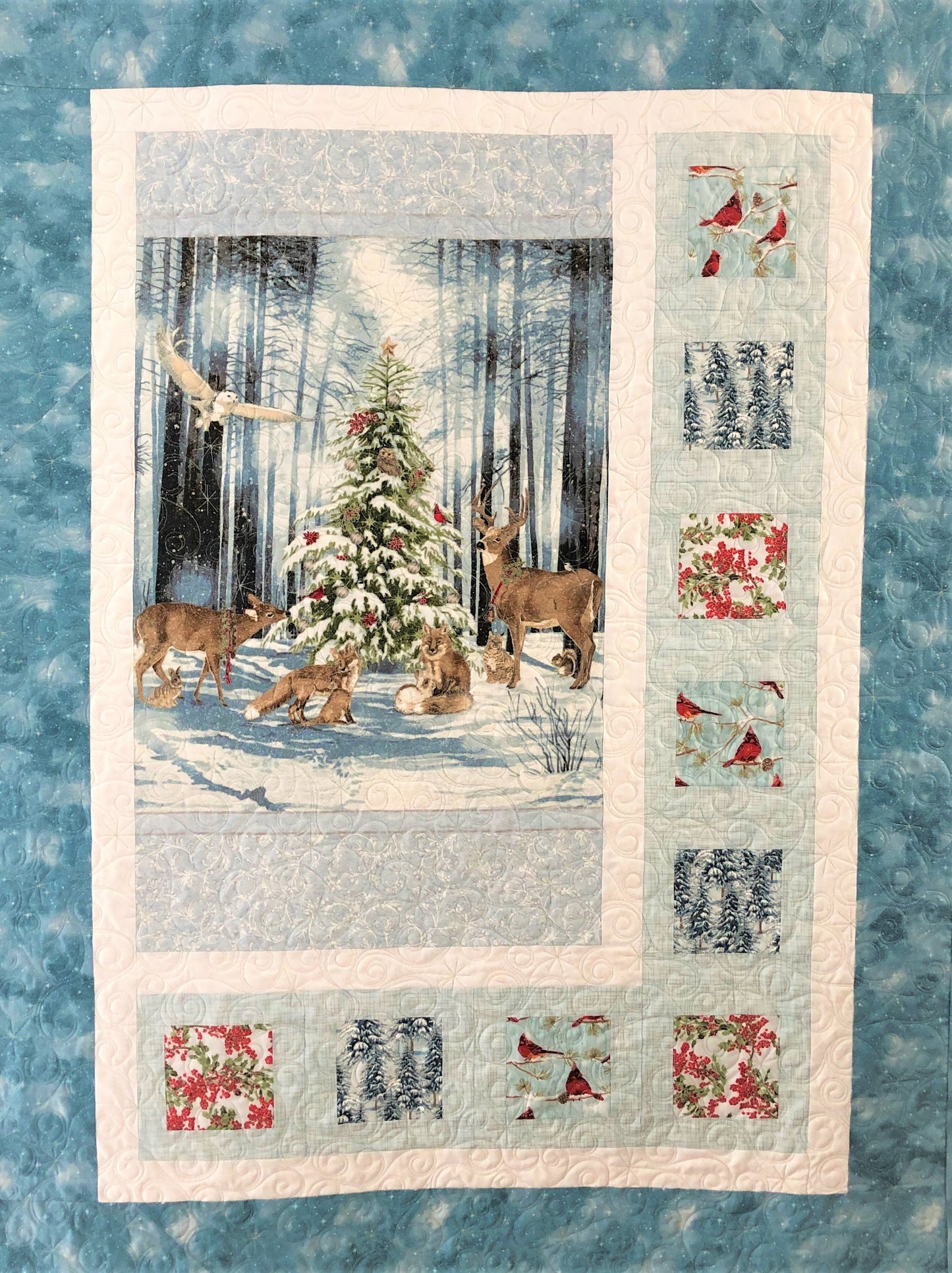 Winter Forest Animals Lap Quilt, Around a Christmas Tree, Light Teal, Light Blue, and White, Lap Size