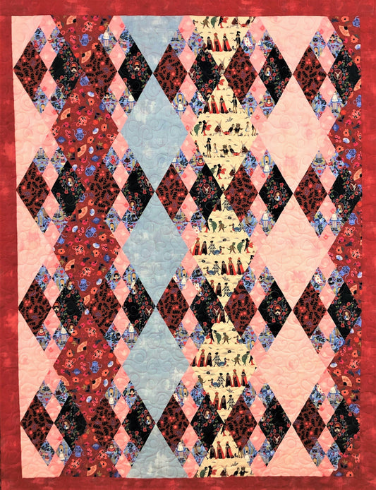 Alice In Wonderland Quilt, Red, Pink, light Blue, and Cream, Diamond Pattern, Throw Size