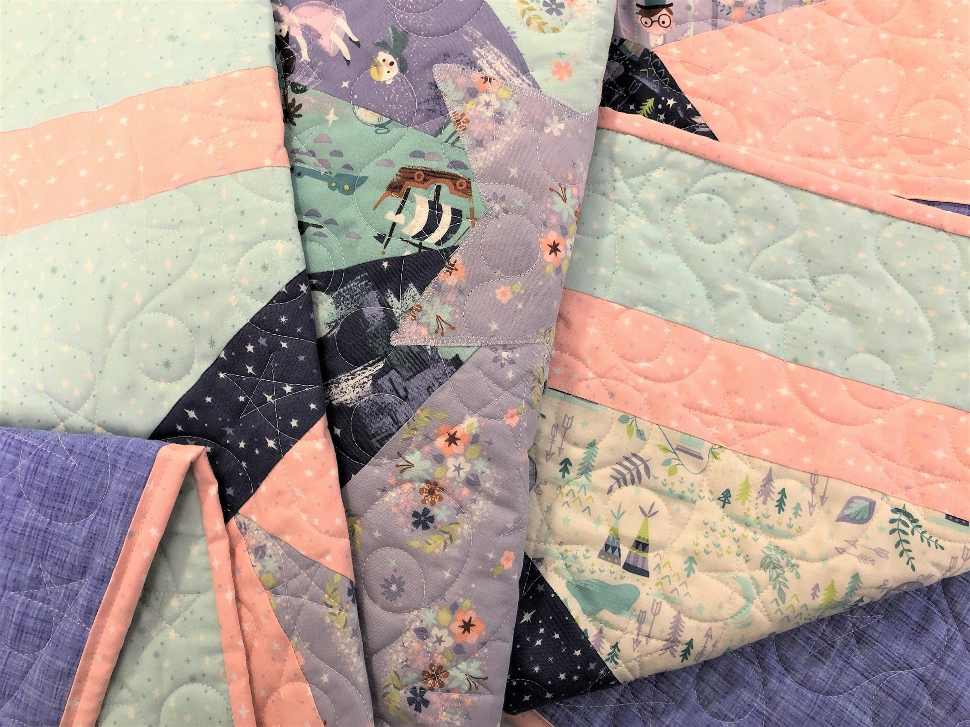 Neverland Quilt, Peter Pan Compass Star, Lavender, Dark Purple, Light Turquoise, and Purple Backing, Lap Size