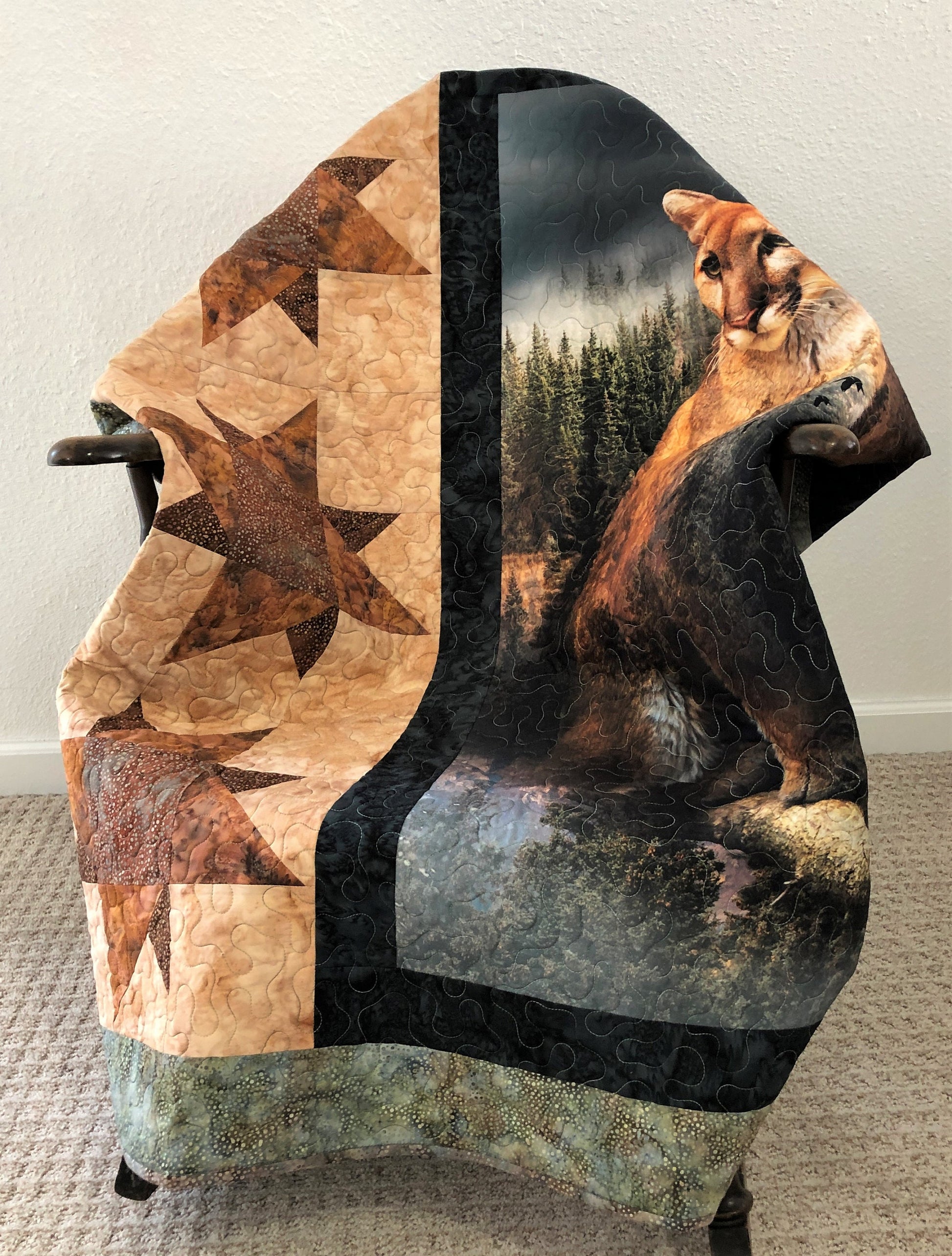 Mountain Lion Quilt, Stars Block, Tan, Brown and Green, Lap Size