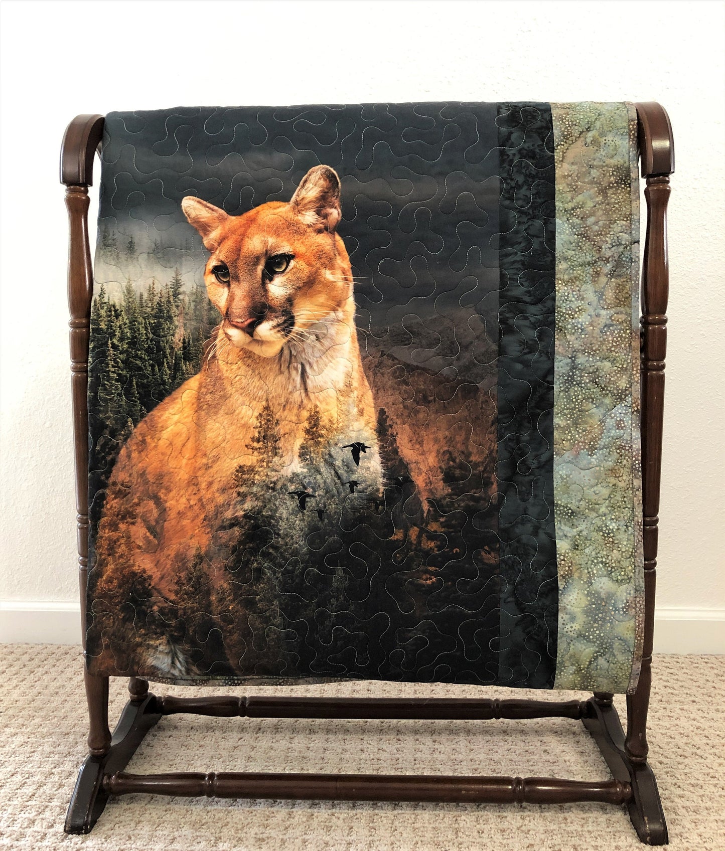 Mountain Lion Quilt, Stars Block, Tan, Brown and Green, Lap Size