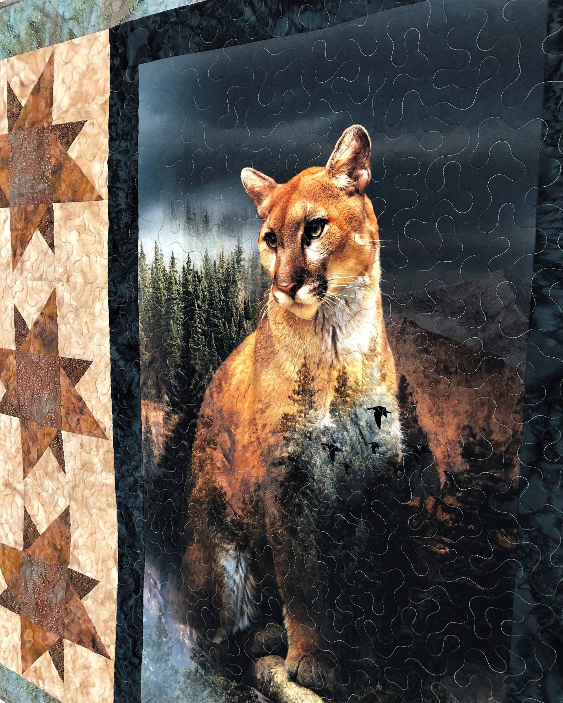 Mountain Lion Quilt, Stars Block, Tan, Brown and Green, Lap Size