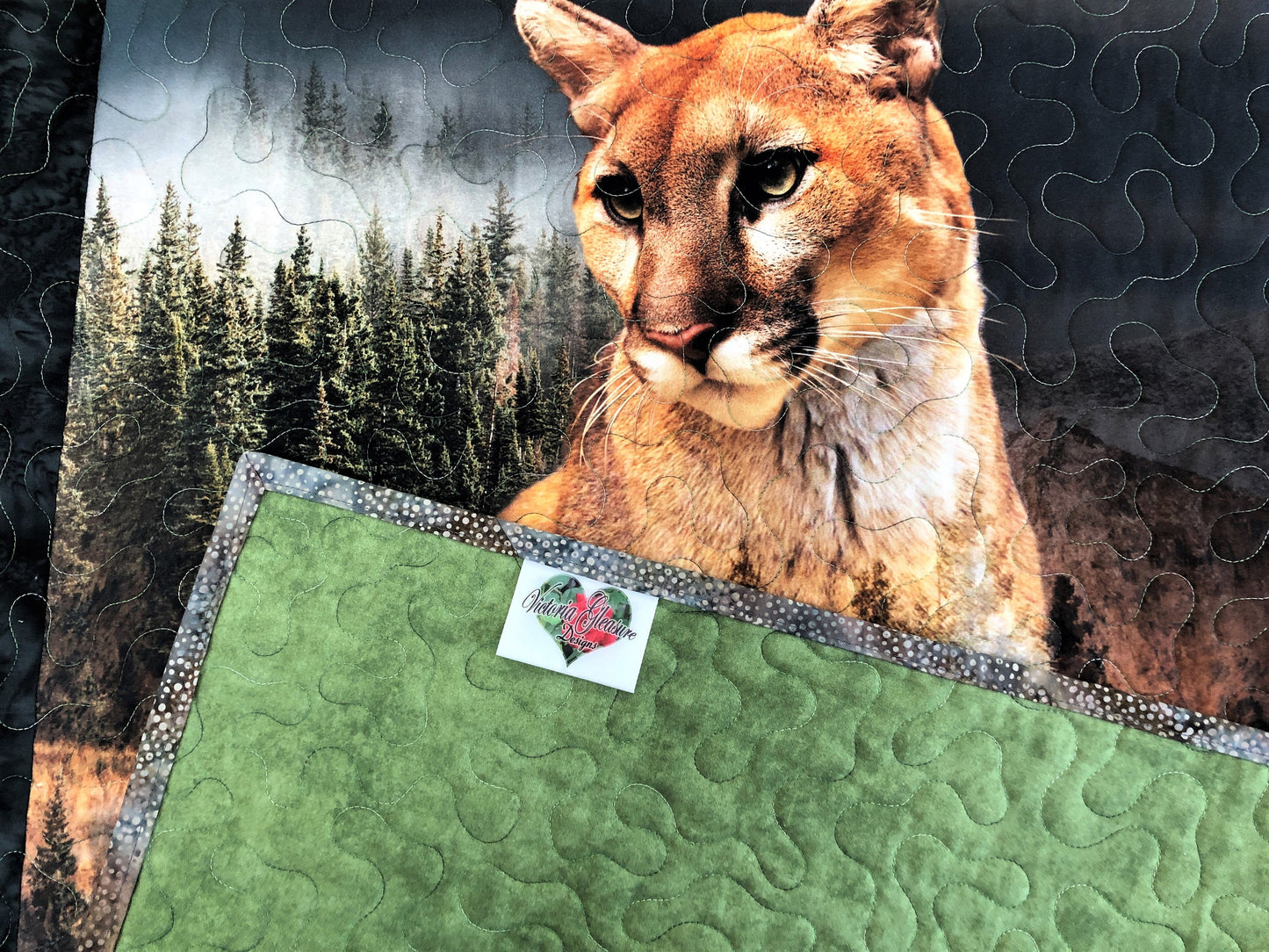 Mountain Lion Quilt, Stars Block, Tan, Brown and Green, Lap Size