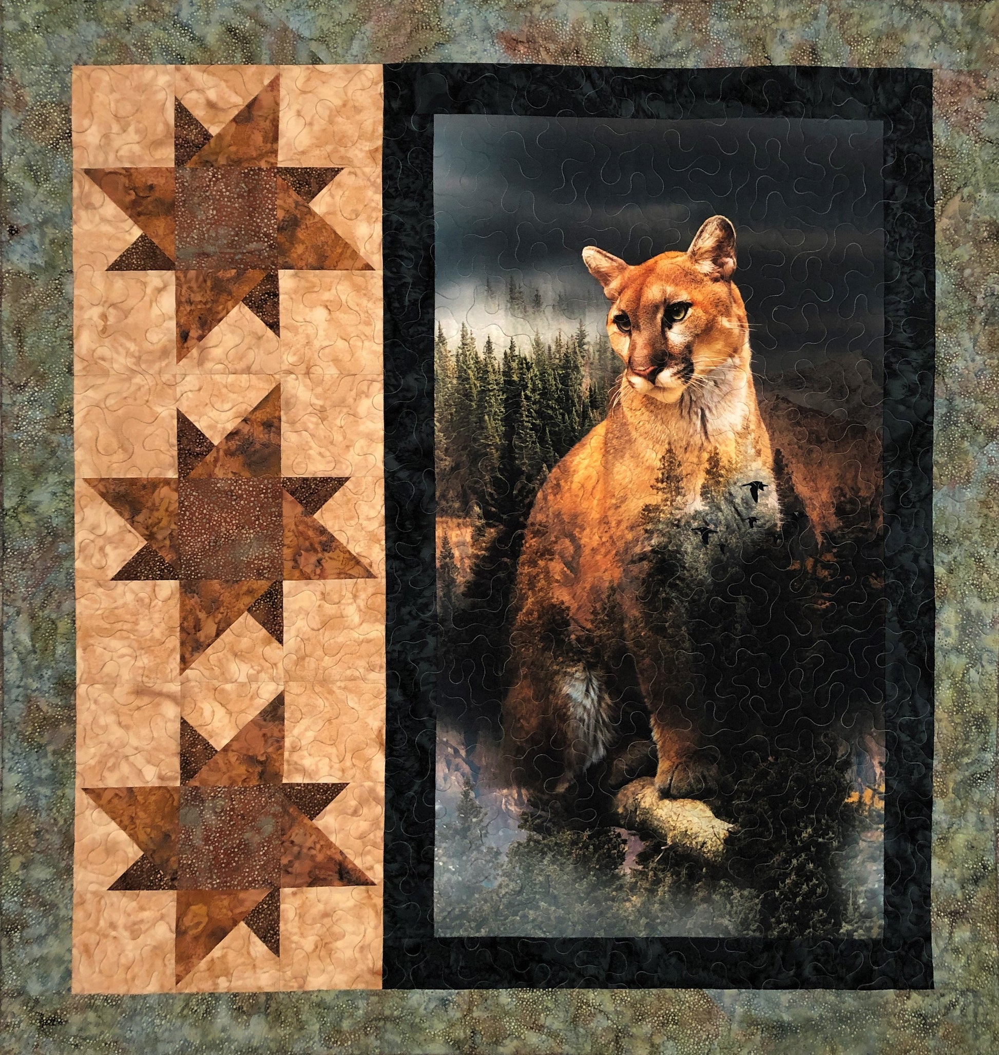 Mountain Lion Quilt, Stars Block, Tan, Brown and Green, Lap Size