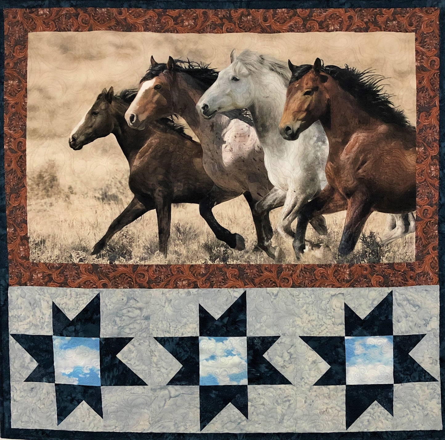 Wild Horses Running Quilted Wall Hanging, Brown, Gray, and Blue