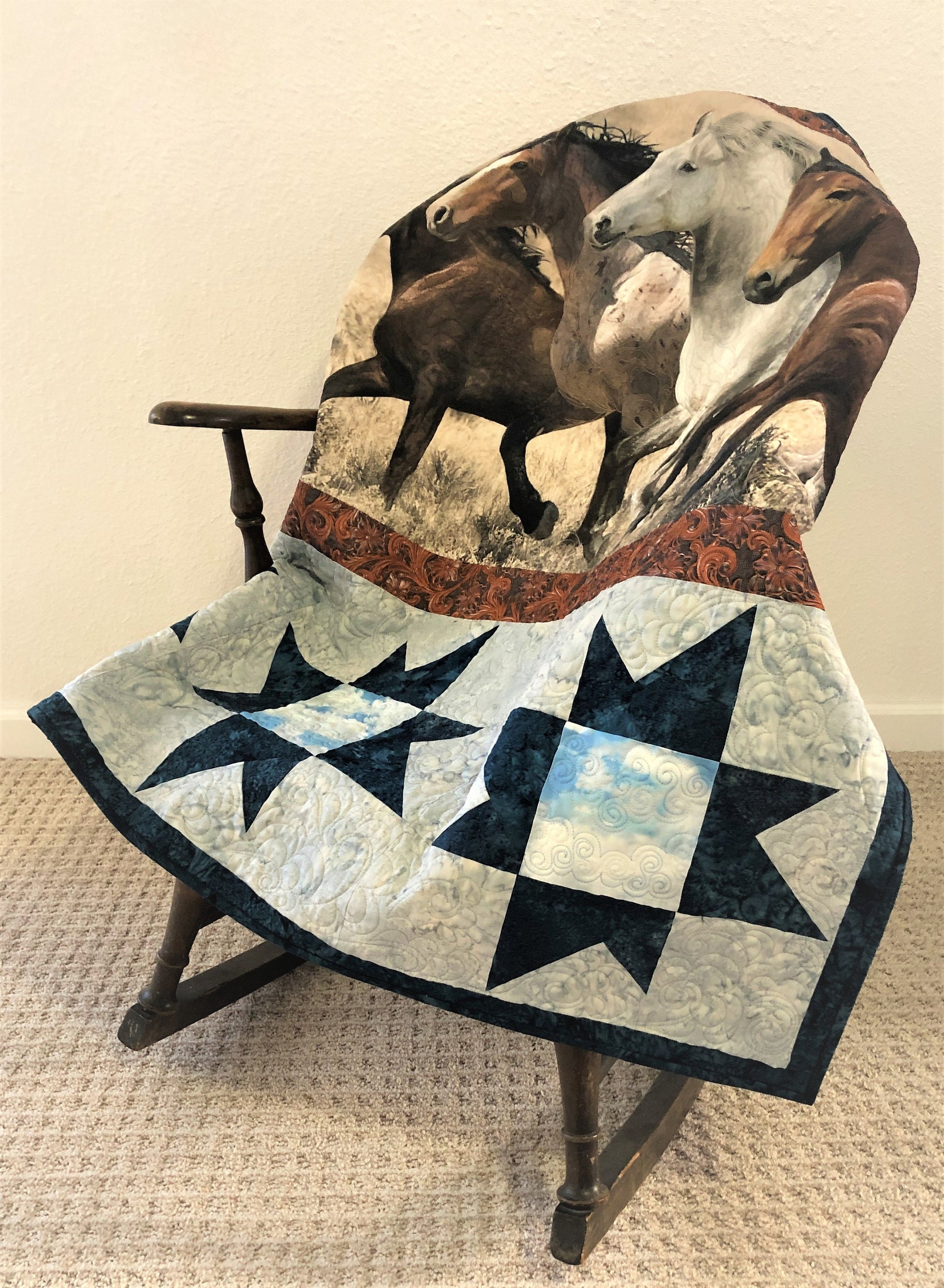 Wild Horses Running Quilted Wall Hanging, Brown, Gray, and Blue