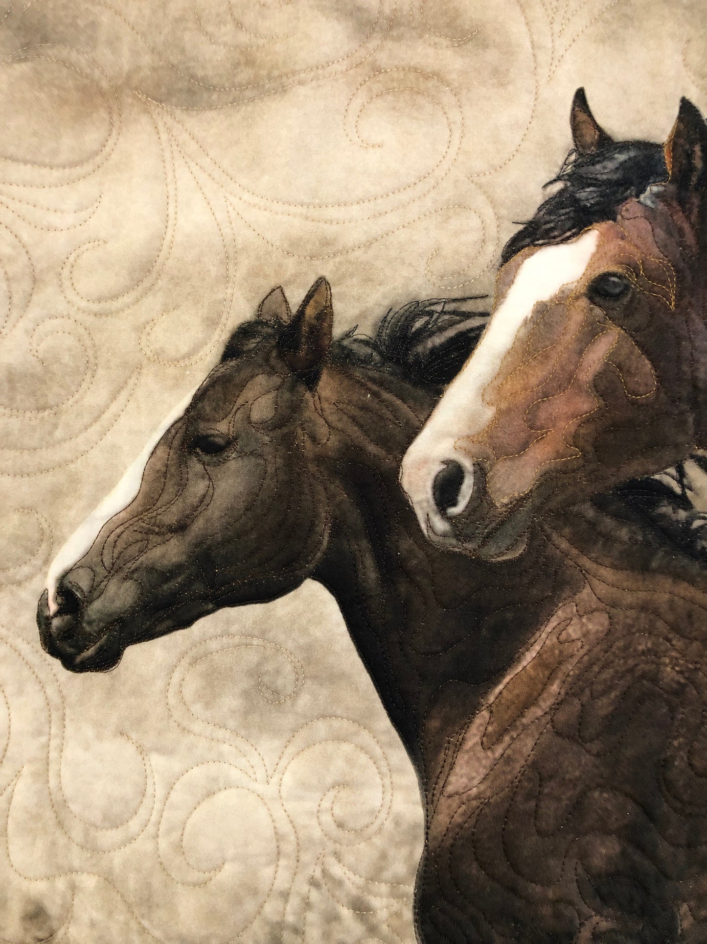 Wild Horses Running Quilted Wall Hanging, Brown, Gray, and Blue