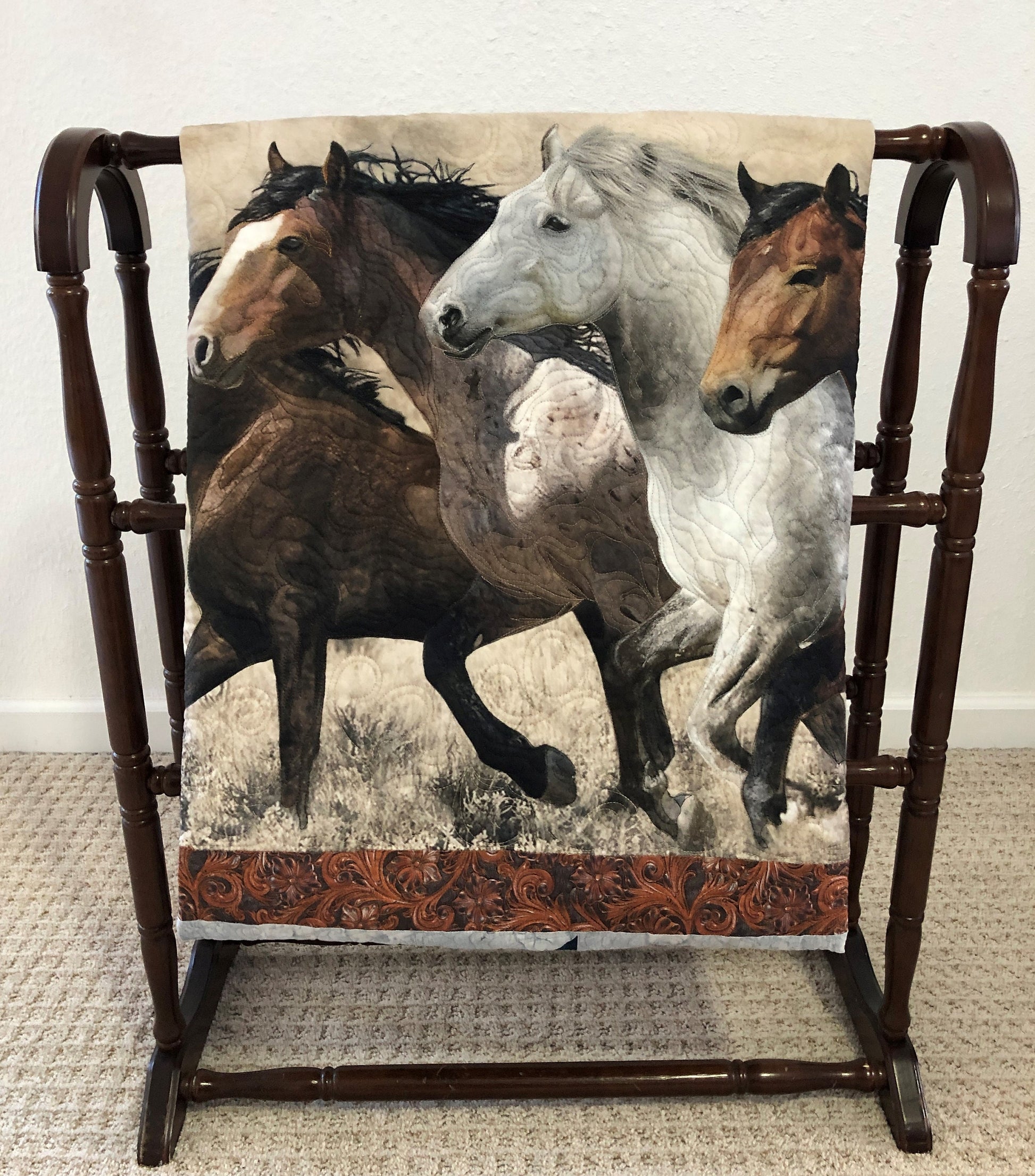 Wild Horses Running Quilted Wall Hanging, Brown, Gray, and Blue