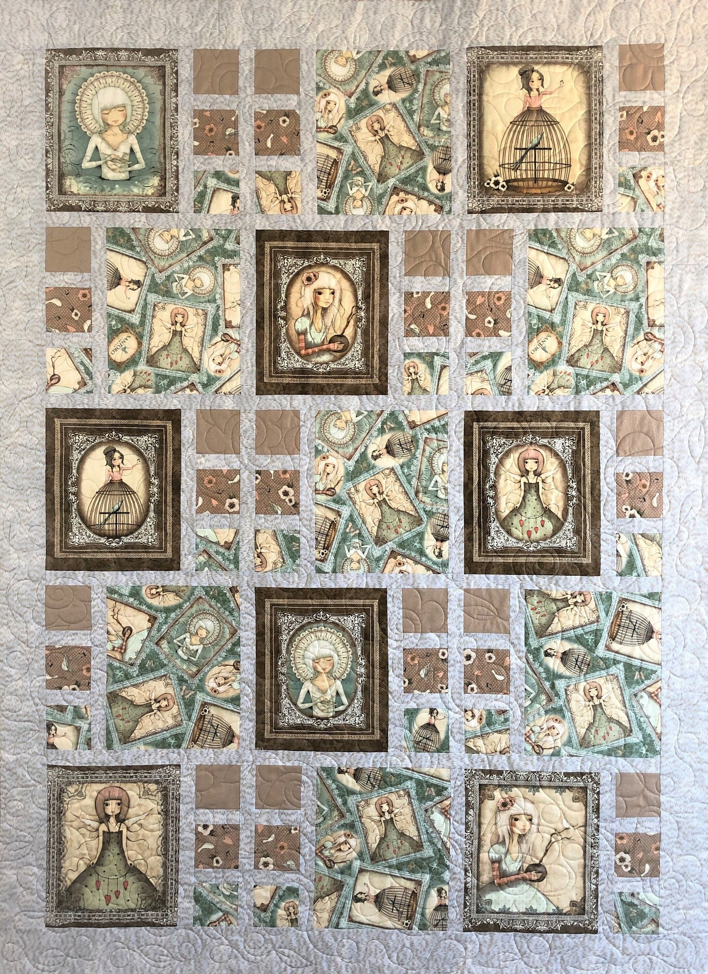 Girls With Birds and Flowers Quilt, Gray and Brown, Lap Size