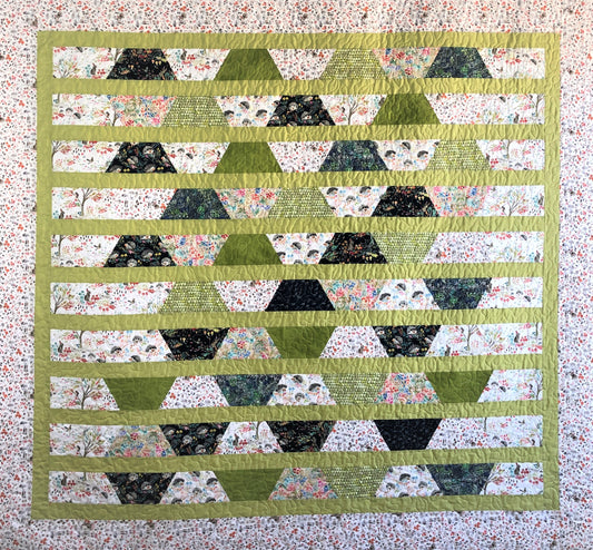 Garden Quilt, With Hedgehog, Rabbit, and Mushroom, Green and White, Bordered Half Hexagons, Twin Size