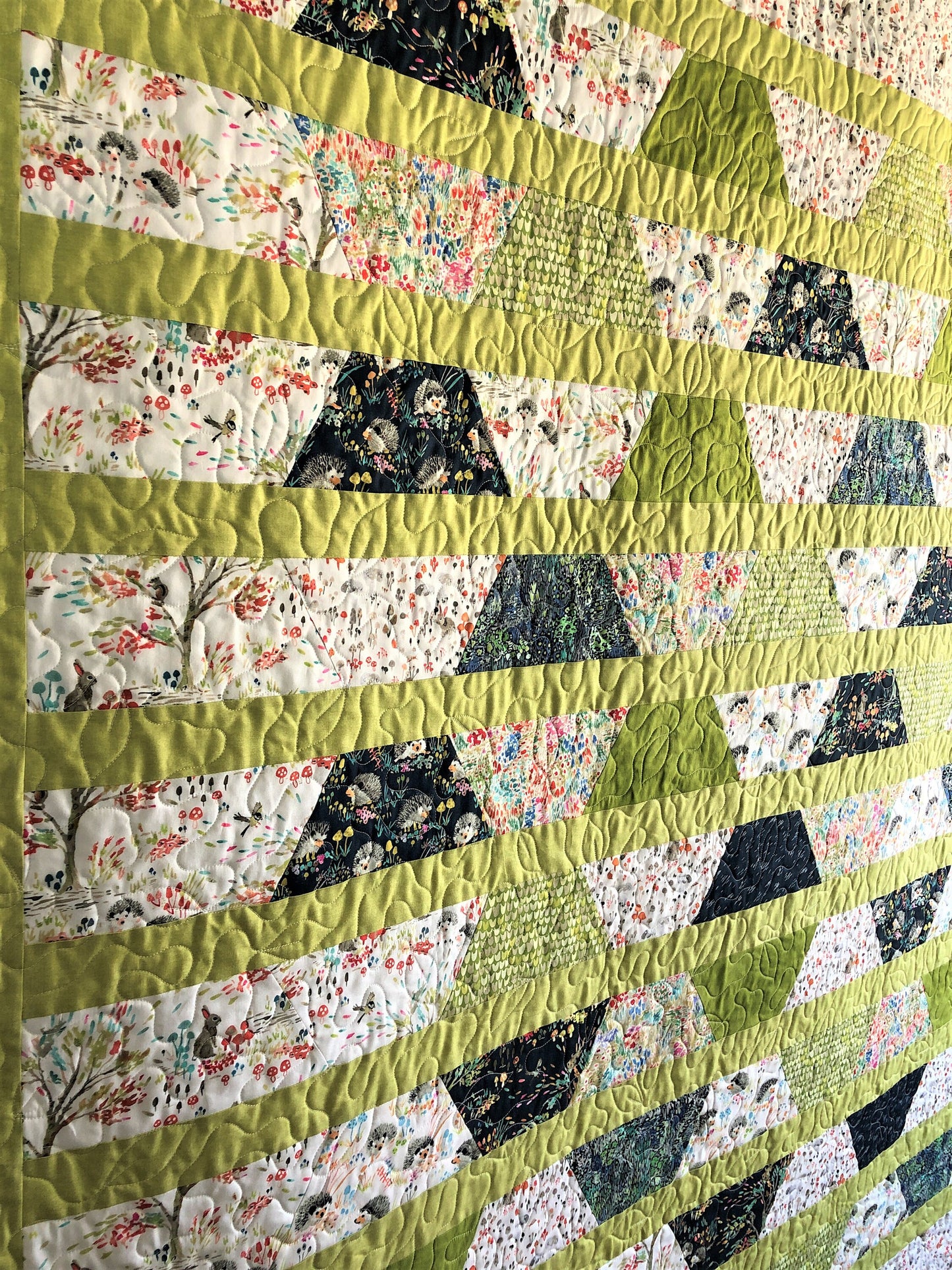 Garden Quilt, With Hedgehog, Rabbit, and Mushroom, Green and White, Bordered Half Hexagons, Twin Size