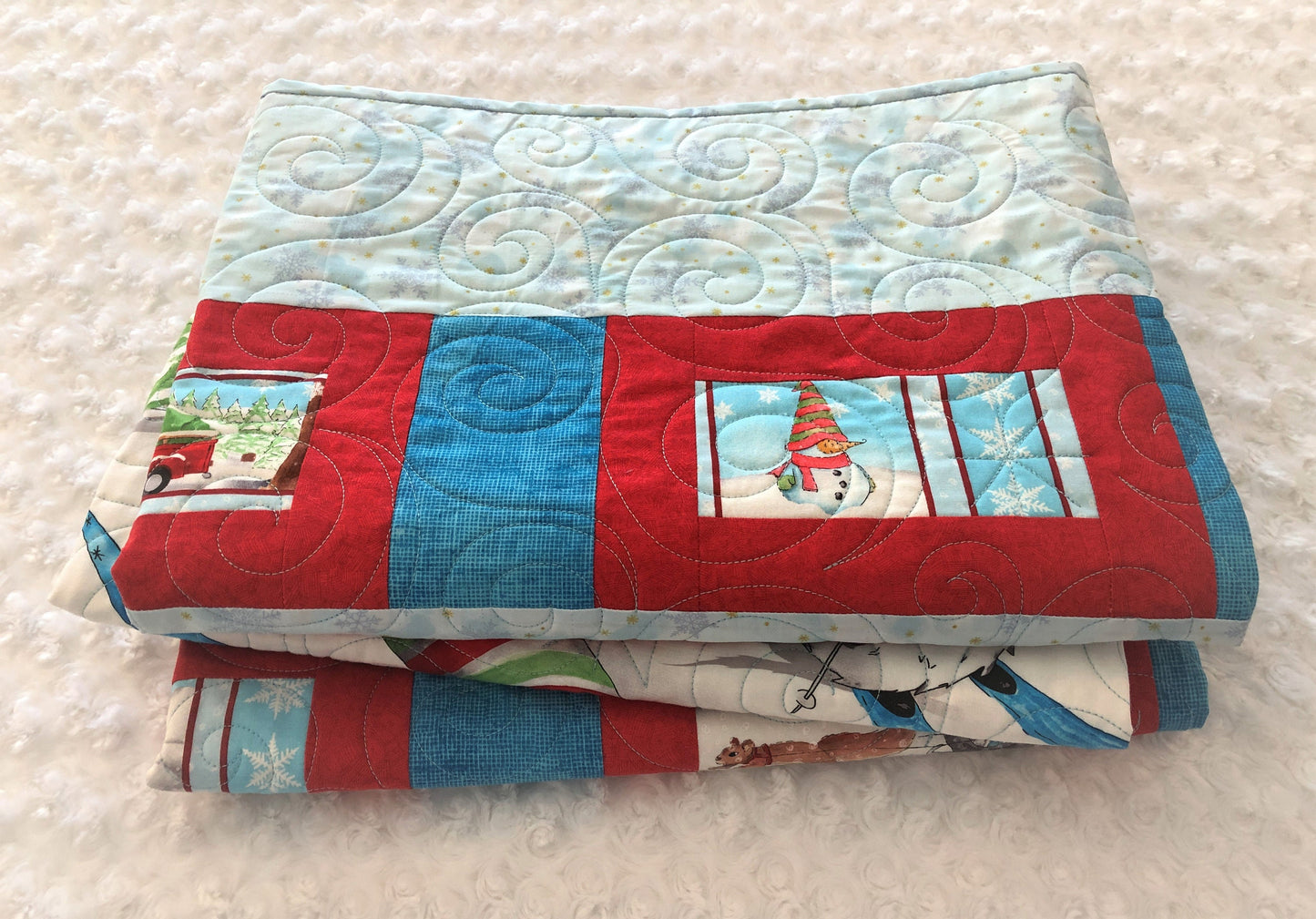 Gnomes Sledding Quilt, Red and Blue, Throw Size