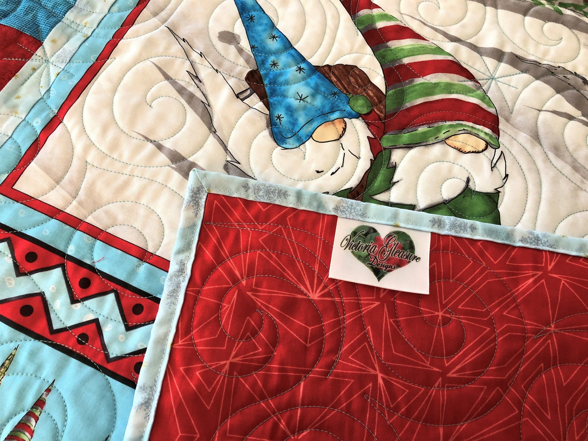 Gnomes Sledding Quilt, Red and Blue, Throw Size