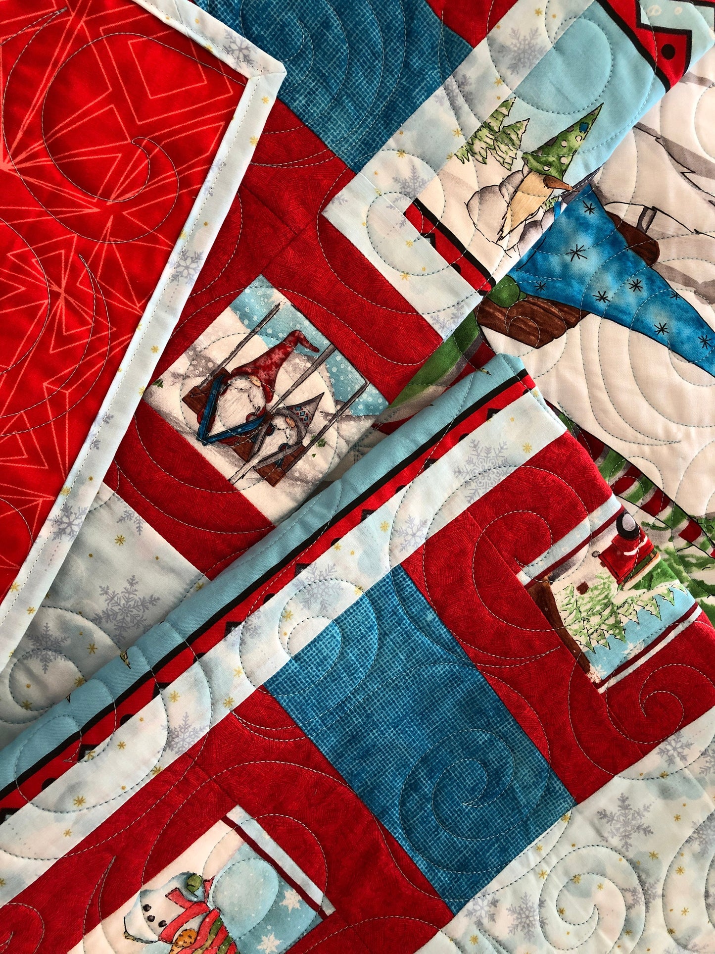 Gnomes Sledding Quilt, Red and Blue, Throw Size