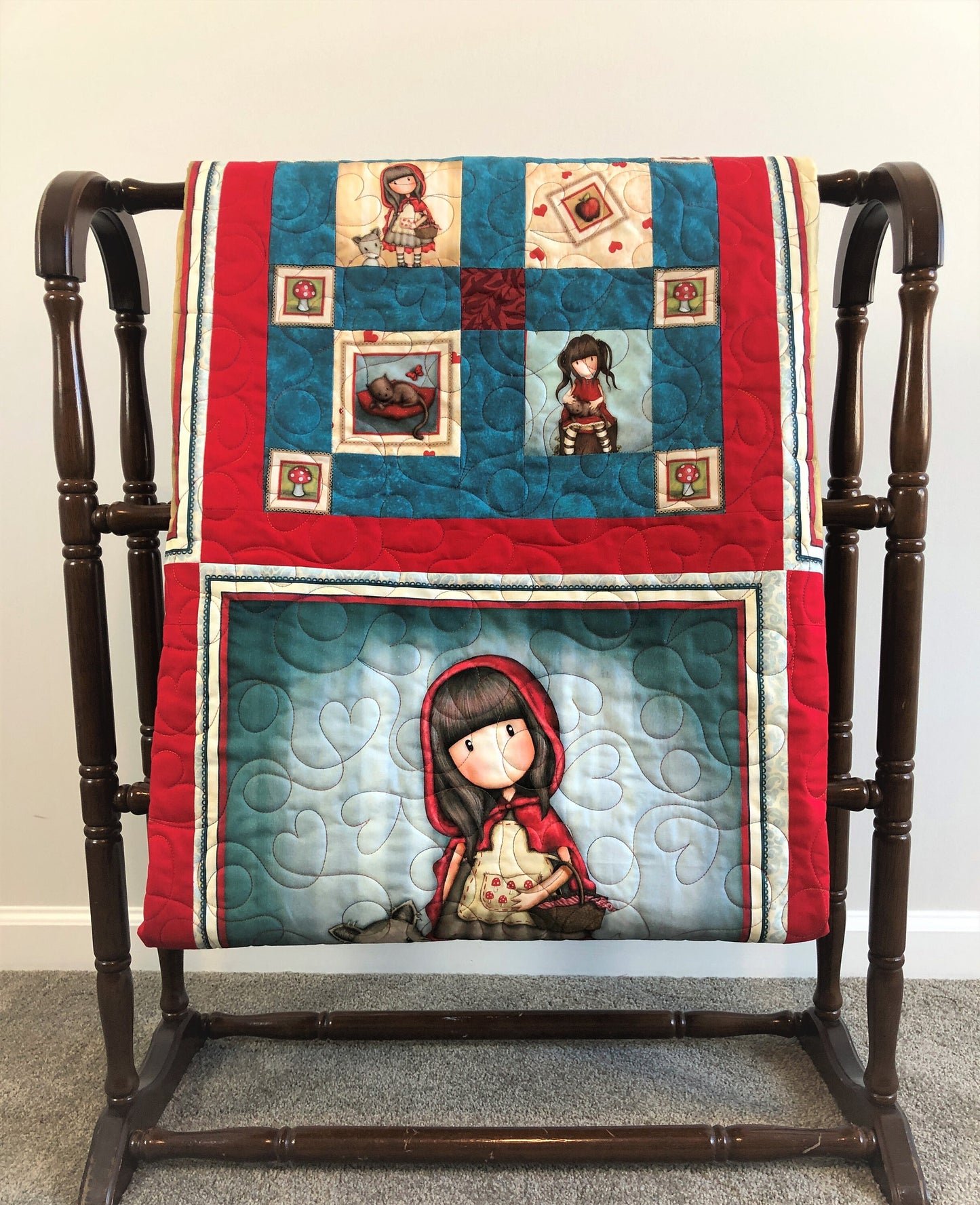 Reading Quilt, Girls and Books, Little Red Riding Hood, Red and Blue, Lap Size