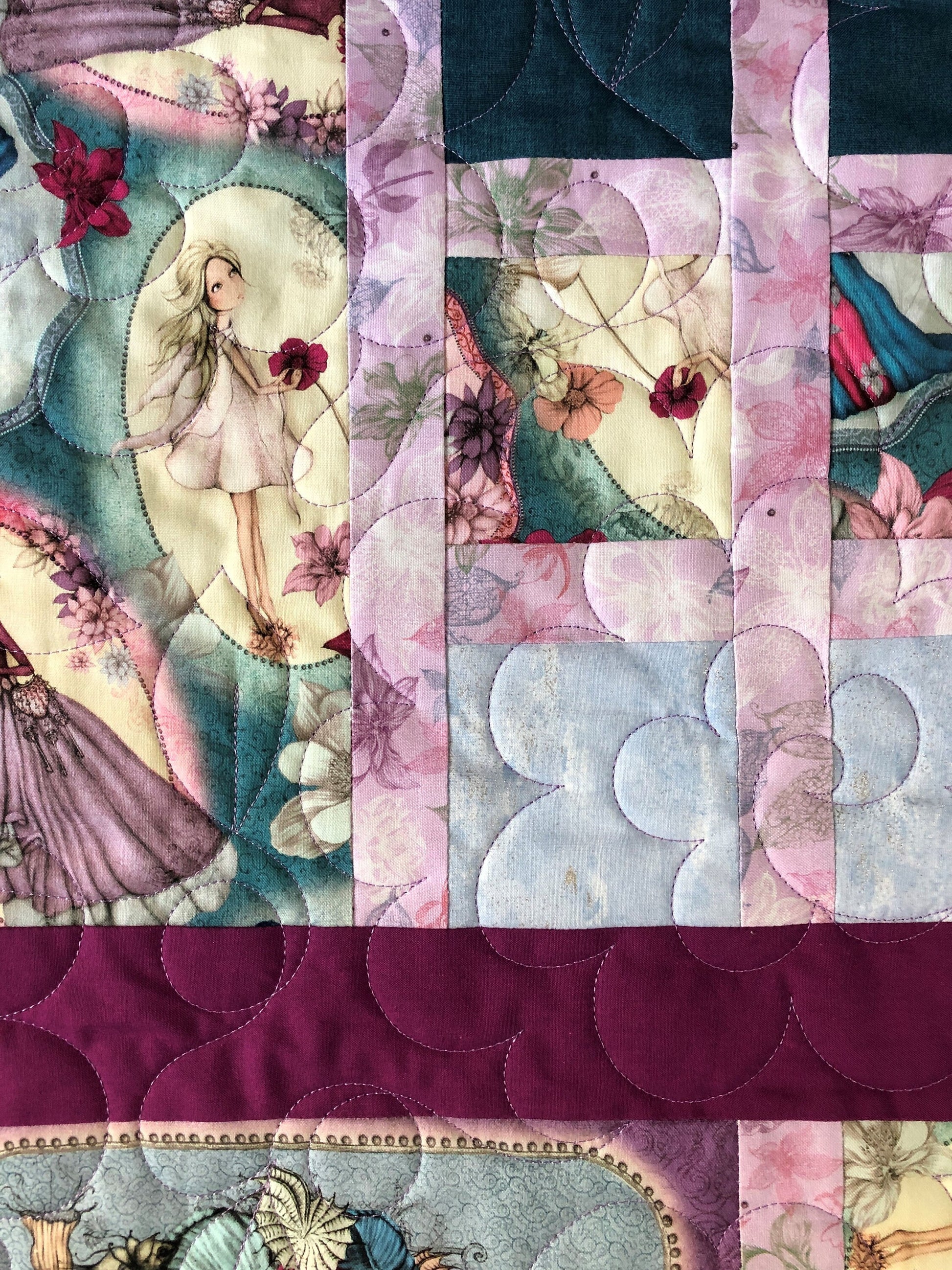 Secret Garden Quilt, Girls with Flowers, Purple Throw Size