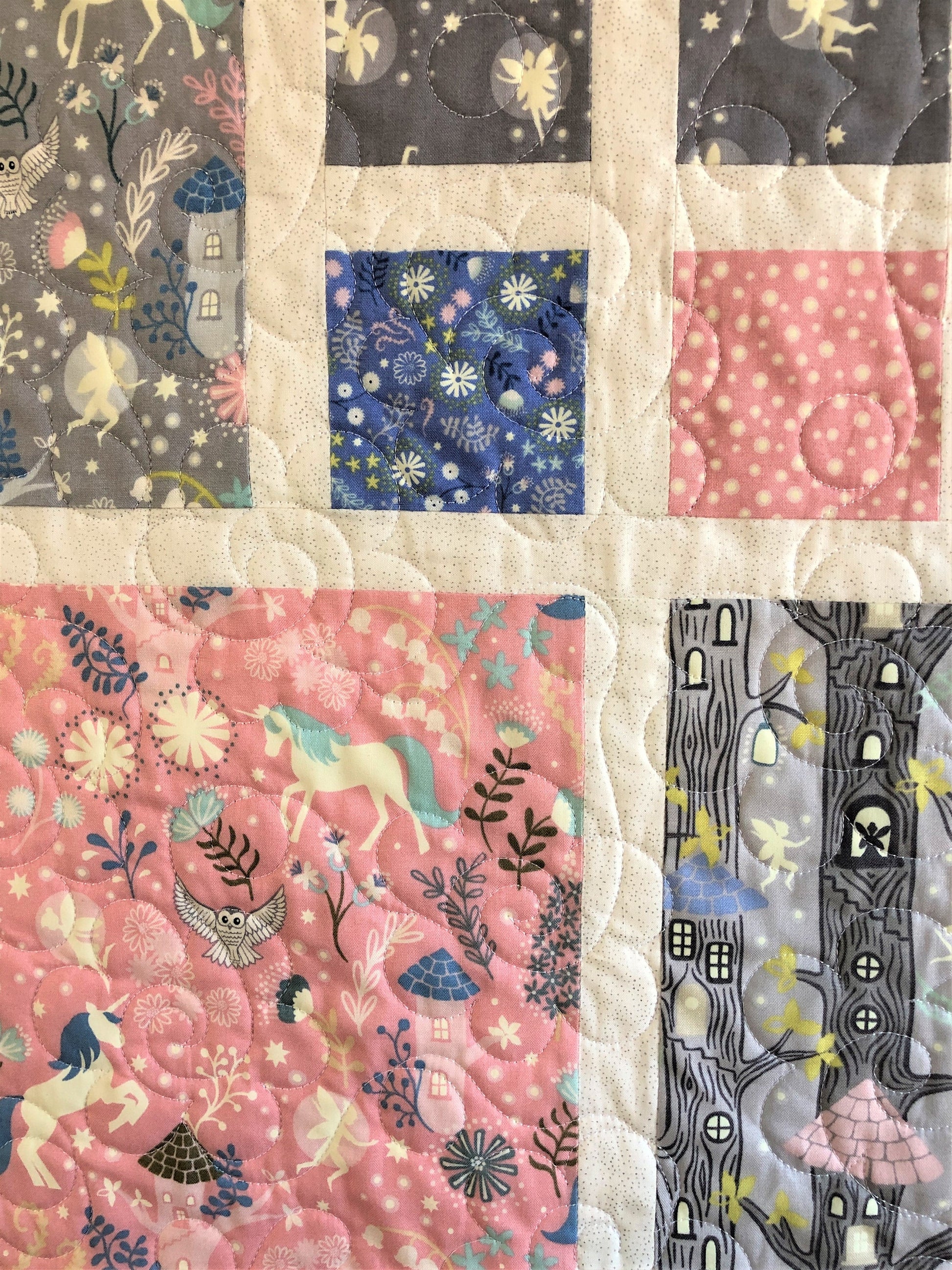 Glow-In-The-Dark Fairy Lights Quilt, with Unicorns and Flowers , Pink and Blue, Throw Size