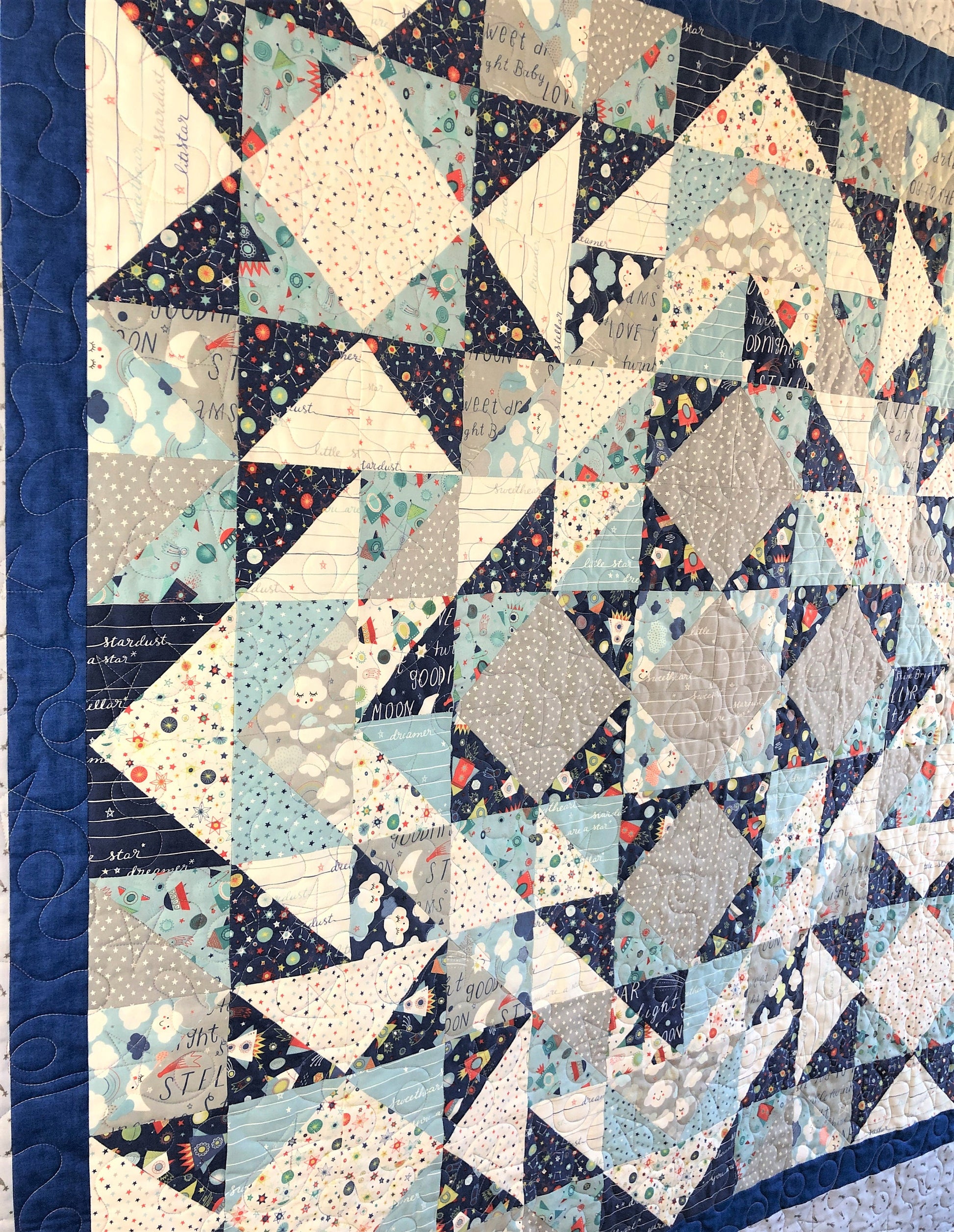 Stars and Space Ships Quilt, Blue and Grey, Lap Size