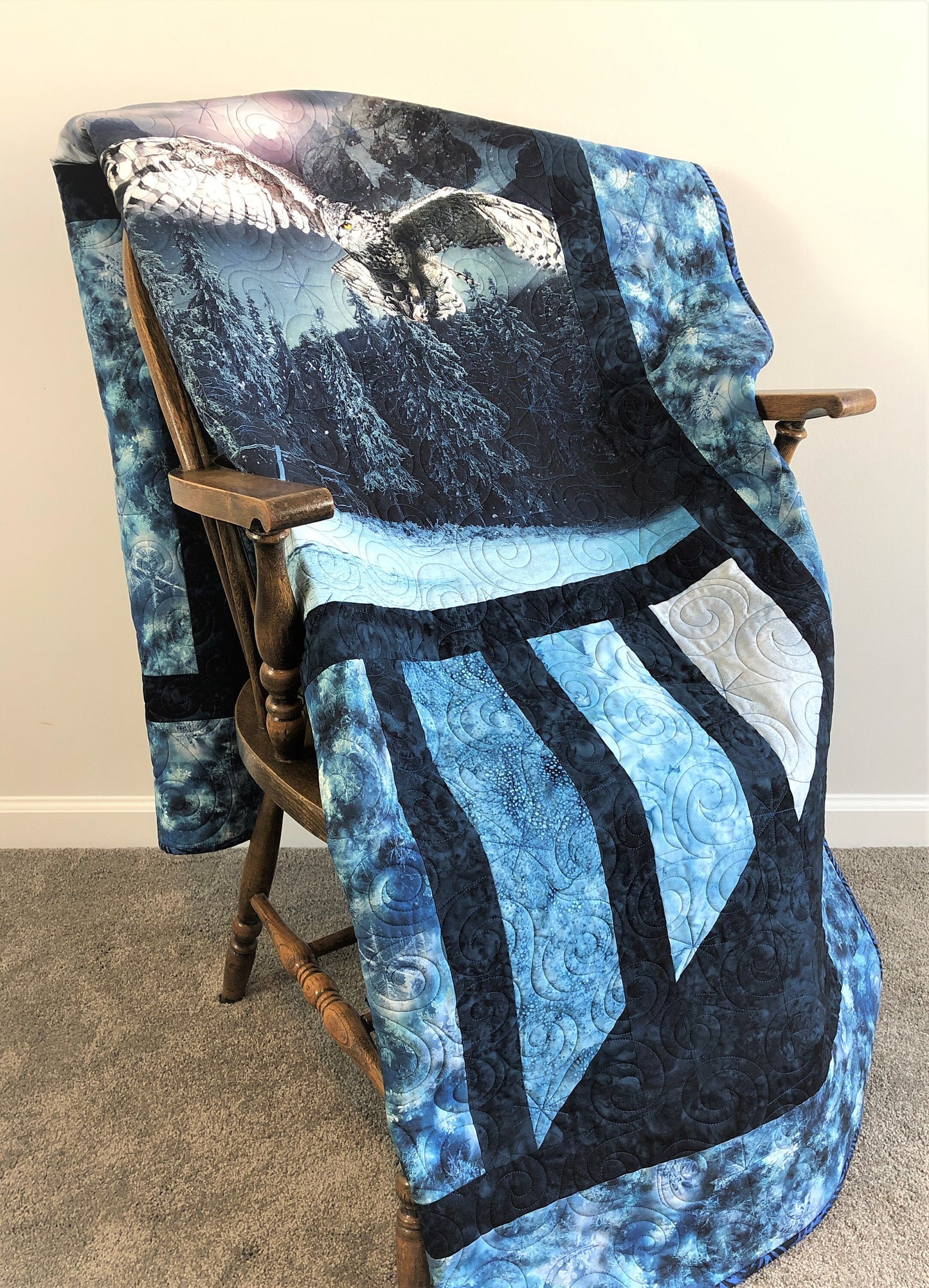 Owl Flying Over a Snowy Cabin Quilt, Blue and Gray, Throw Size