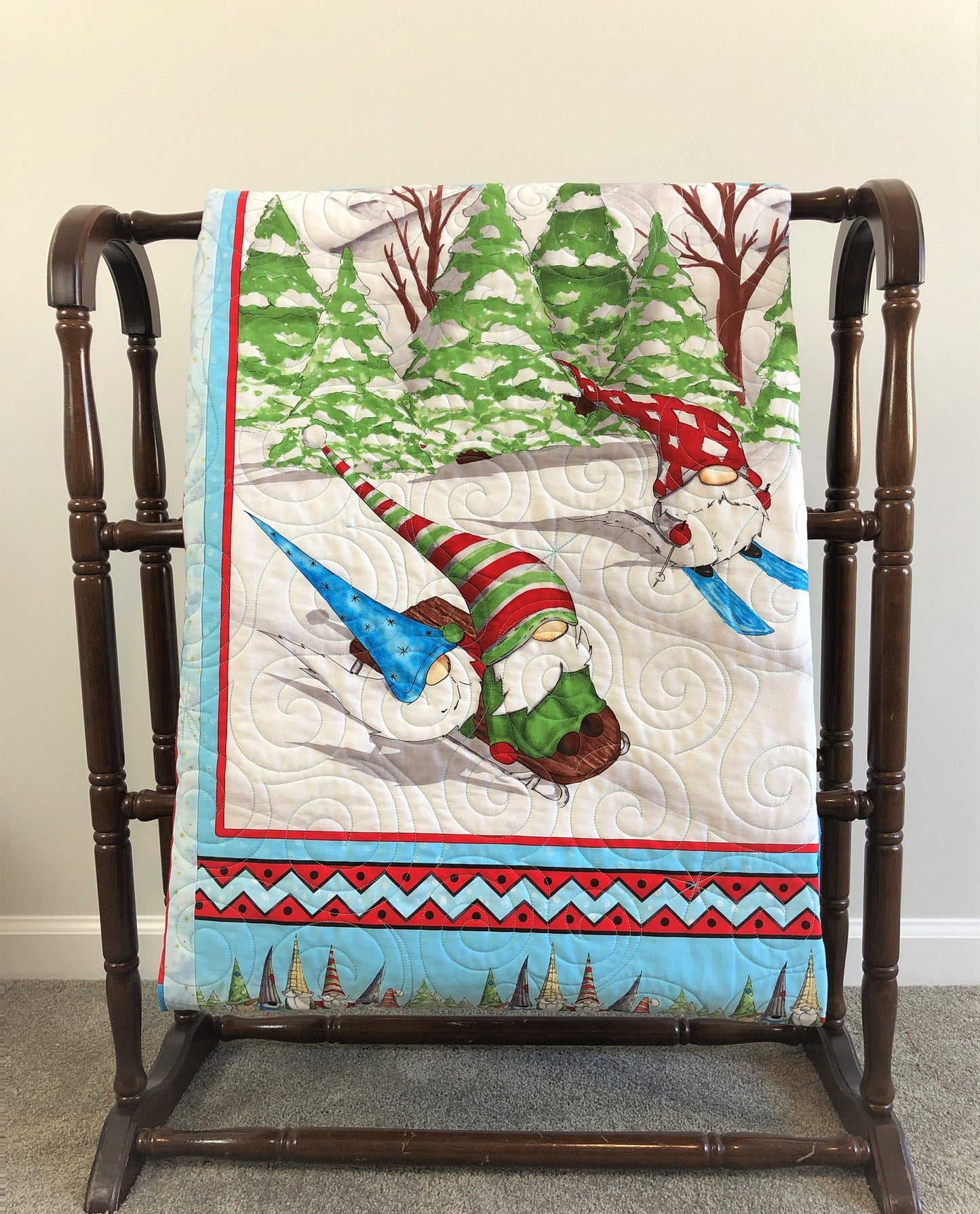 Gnomes Sledding Quilt, Red and Blue, Throw Size