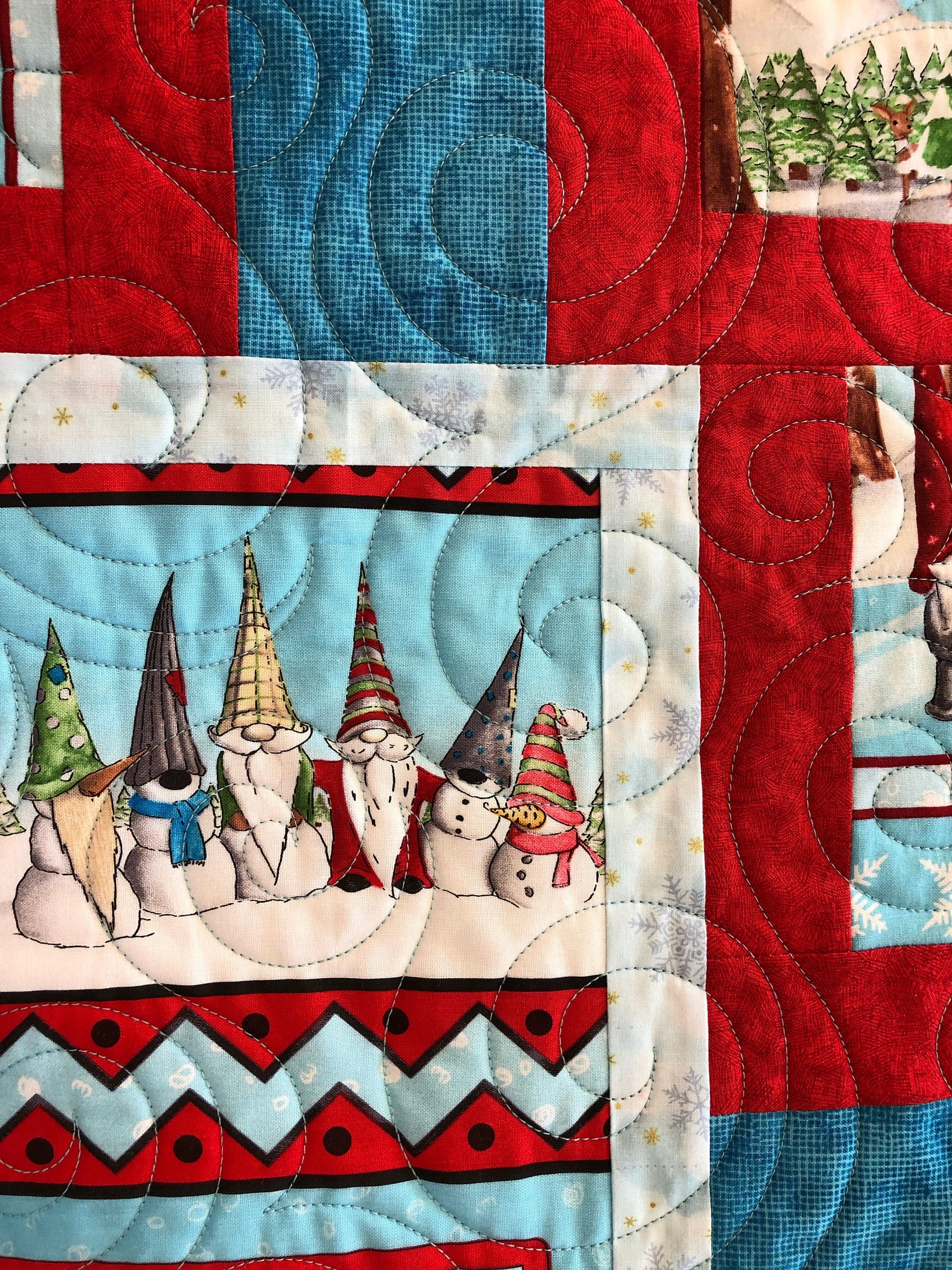 Gnomes Sledding Quilt, Red and Blue, Throw Size