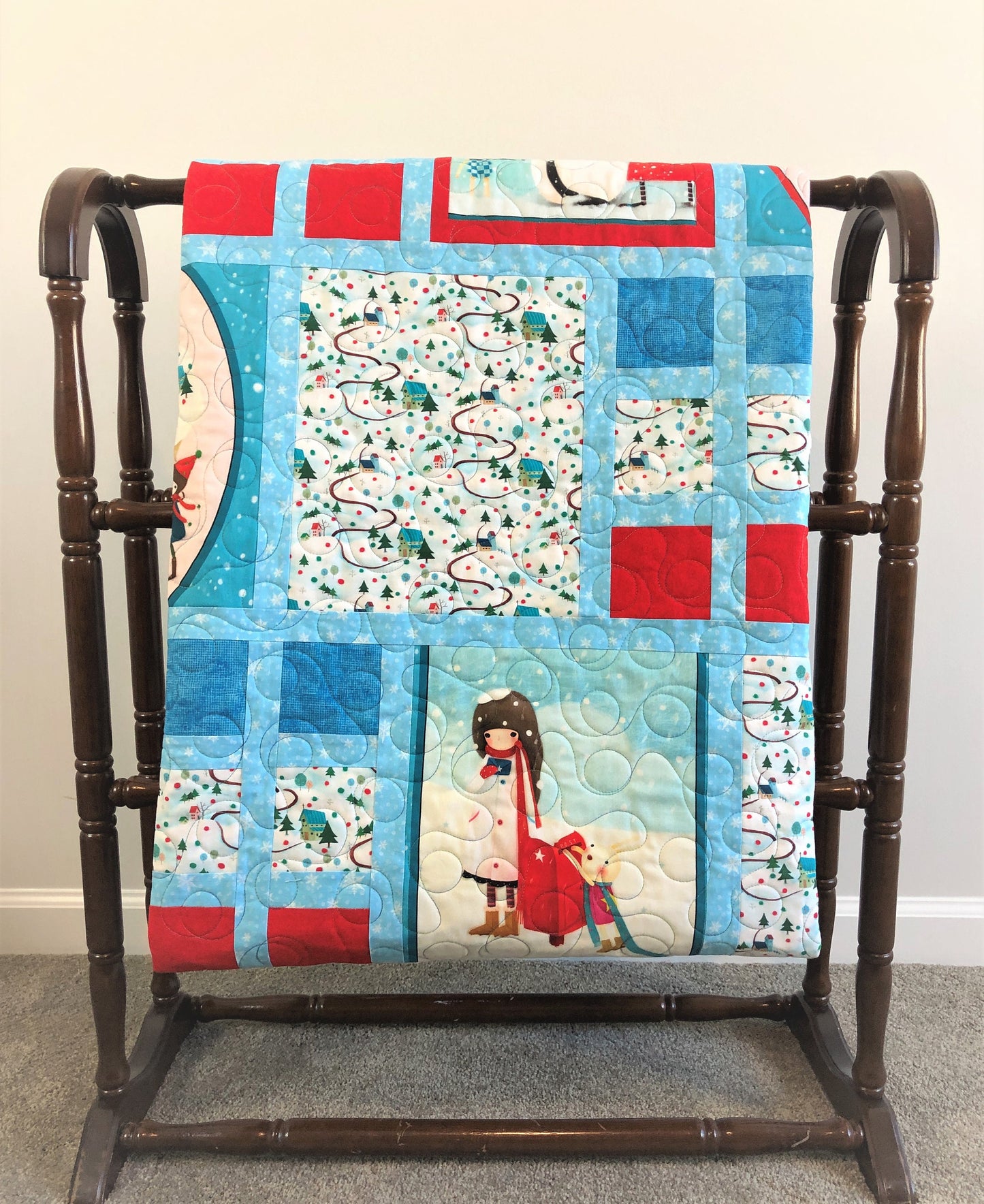 Winter Wonderland Quilt, Girl and Bunny Building a Snowman, Blue and Red, Throw Size