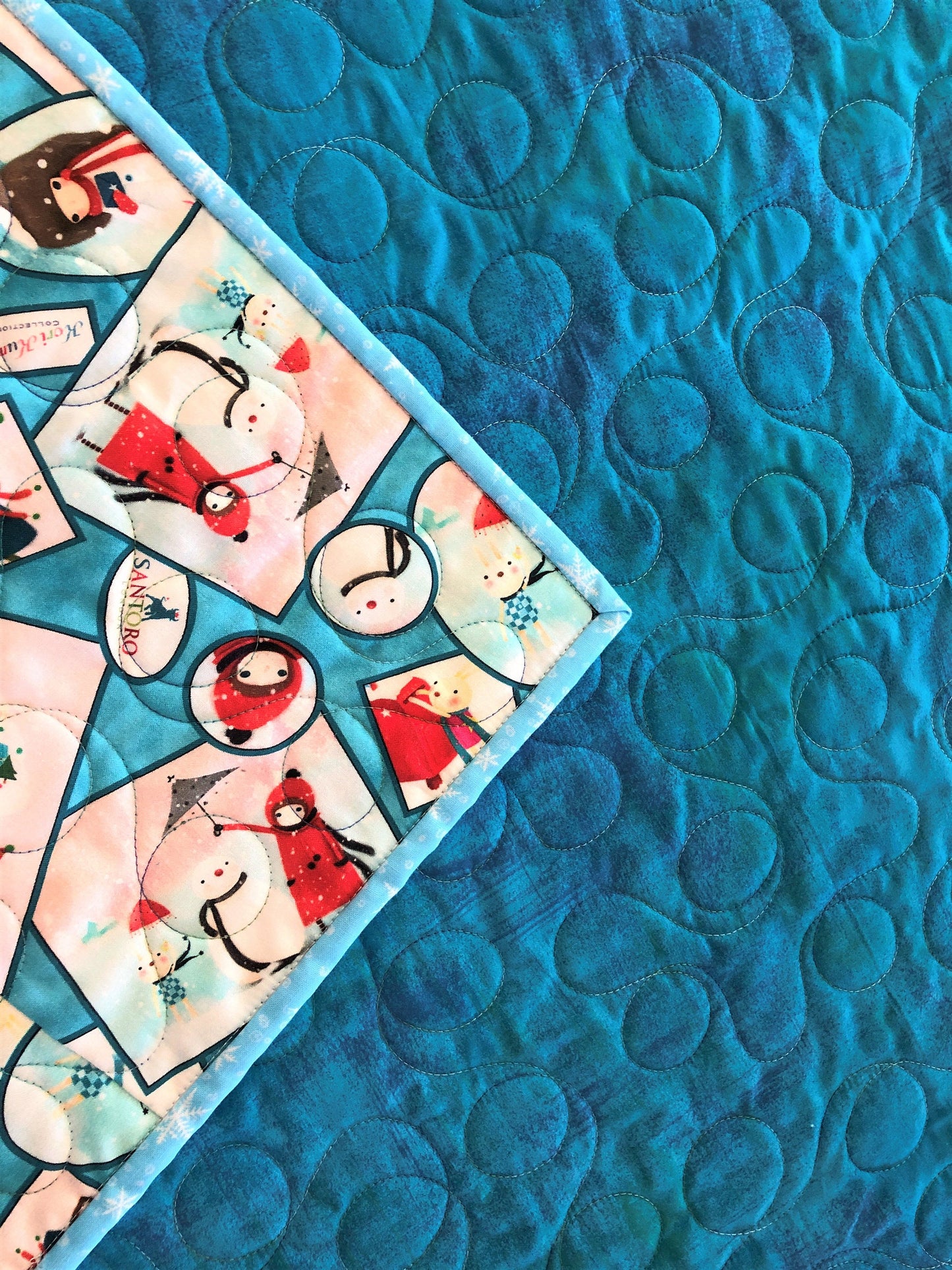 Winter Wonderland Quilt, Girl and Bunny Building a Snowman, Blue and Red, Throw Size