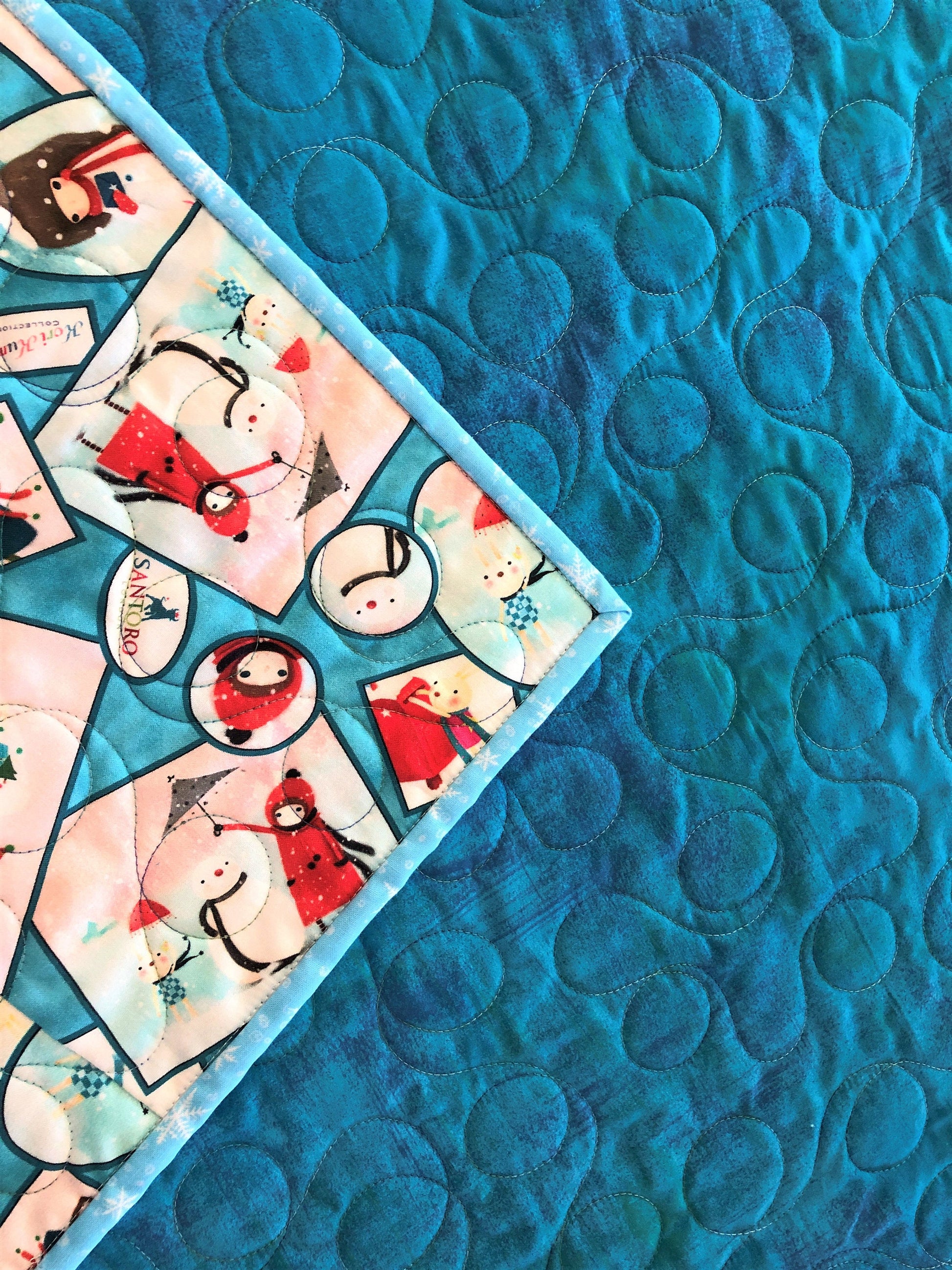 Winter Wonderland Quilt, Girl and Bunny Building a Snowman, Blue and Red, Throw Size