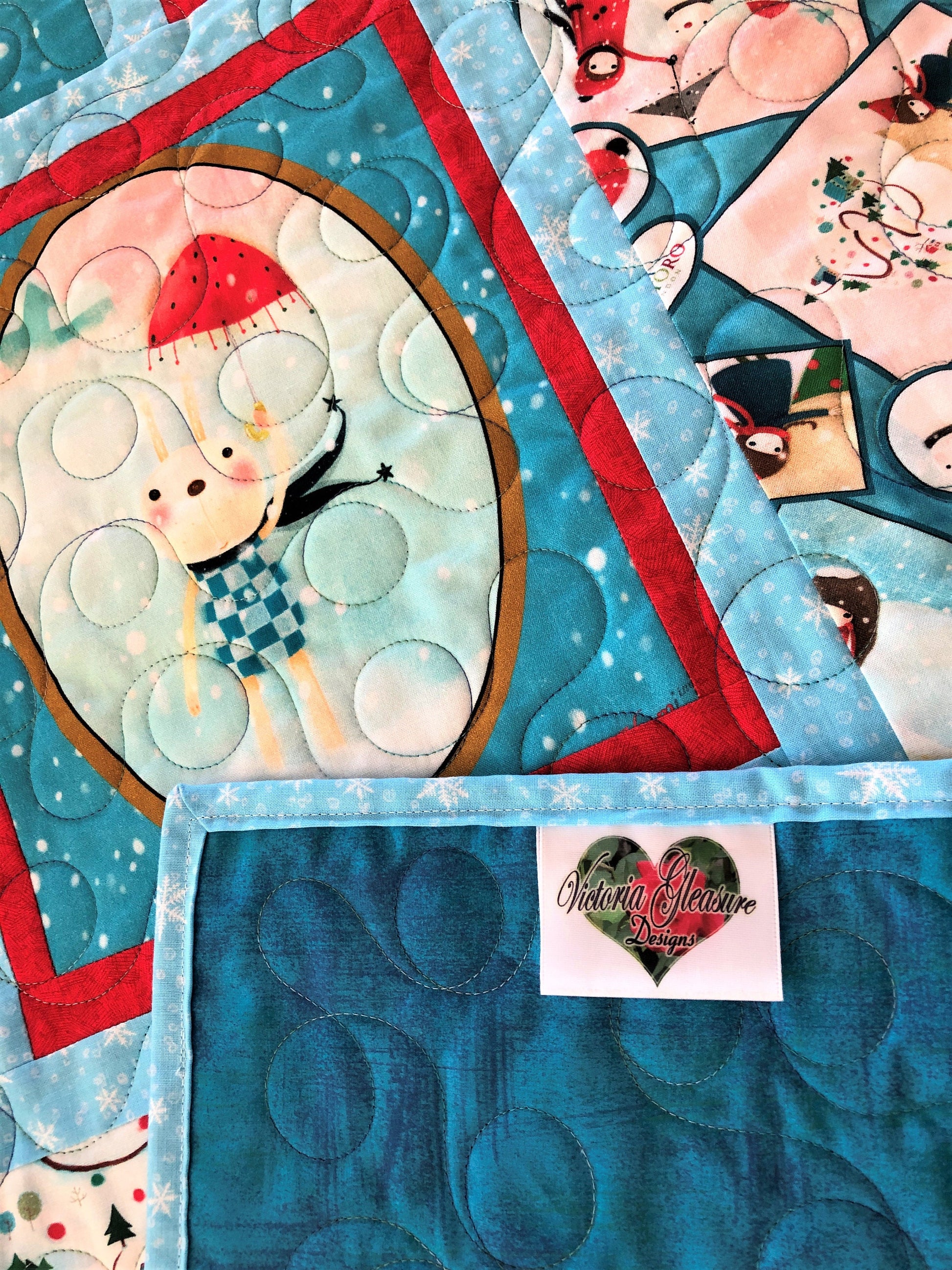 Winter Wonderland Quilt, Girl and Bunny Building a Snowman, Blue and Red, Throw Size